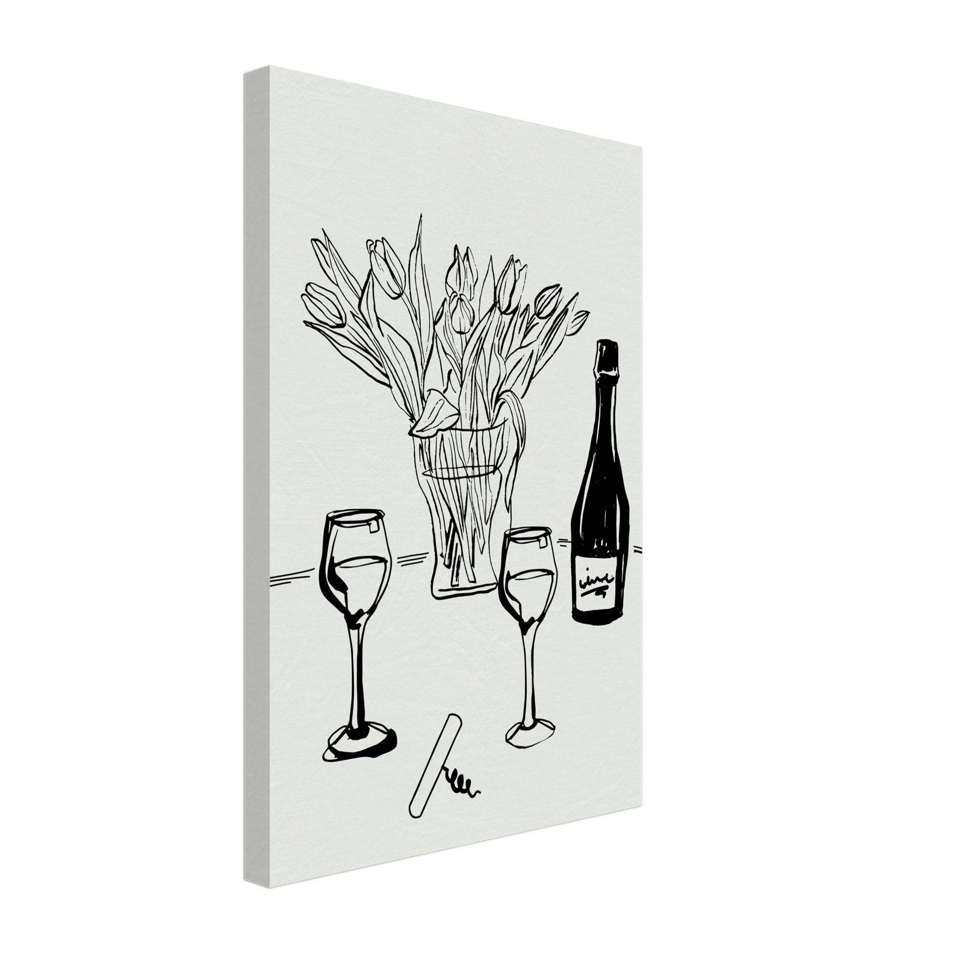 Wine & Tulips Print | Black Line Art Wine Bottle Wall Art | Minimalist Kitchen Poster - Evergreen Posters