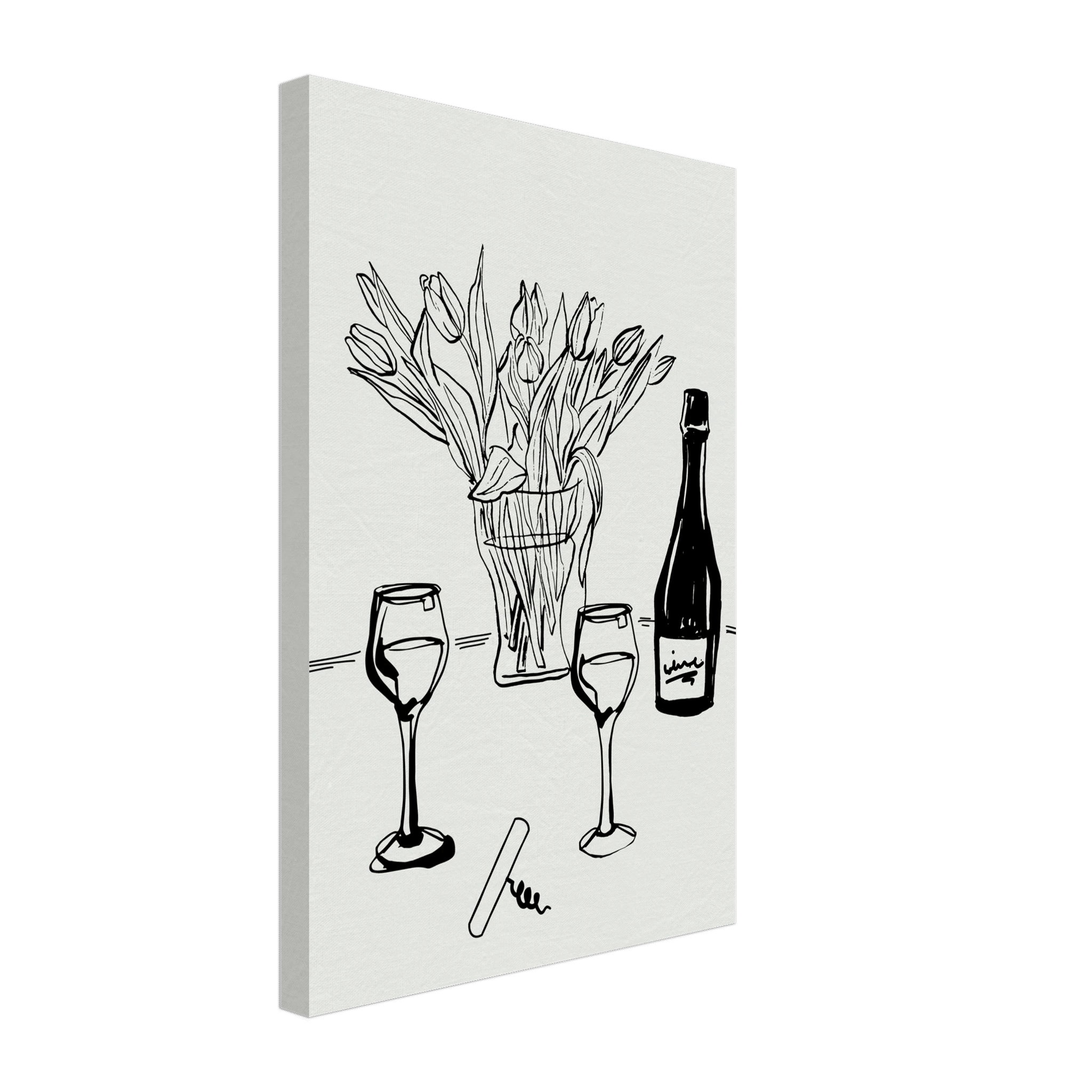 Wine & Tulips Print | Black Line Art Wine Bottle Wall Art | Minimalist Kitchen Poster - Evergreen Posters
