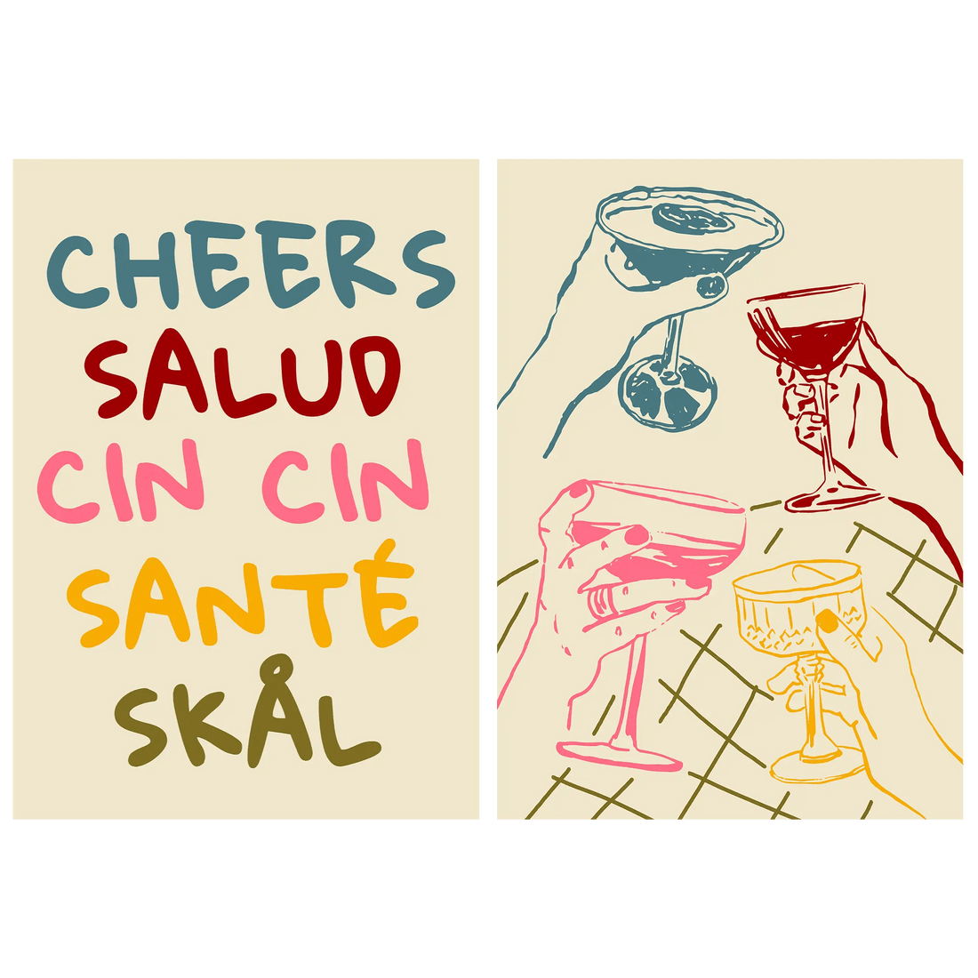 Cheers Salud Cin Cin Santé Skål | Set of 2 Colorful Bar Wall Art Prints | Kitchen Poster Set - Evergreen Posters