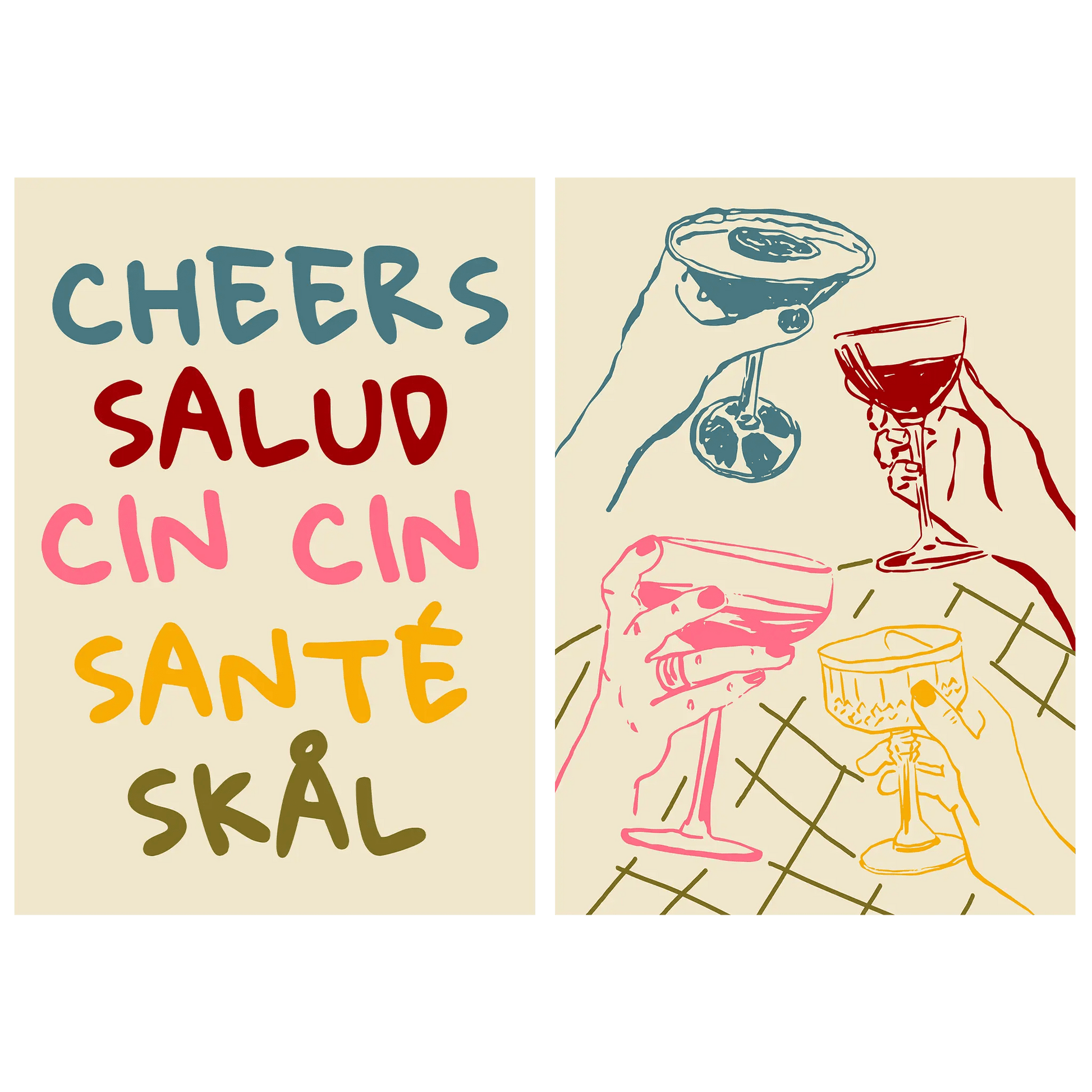 Cheers Salud Cin Cin Santé Skål | Set of 2 Colorful Bar Wall Art Prints | Kitchen Poster Set - Evergreen Posters
