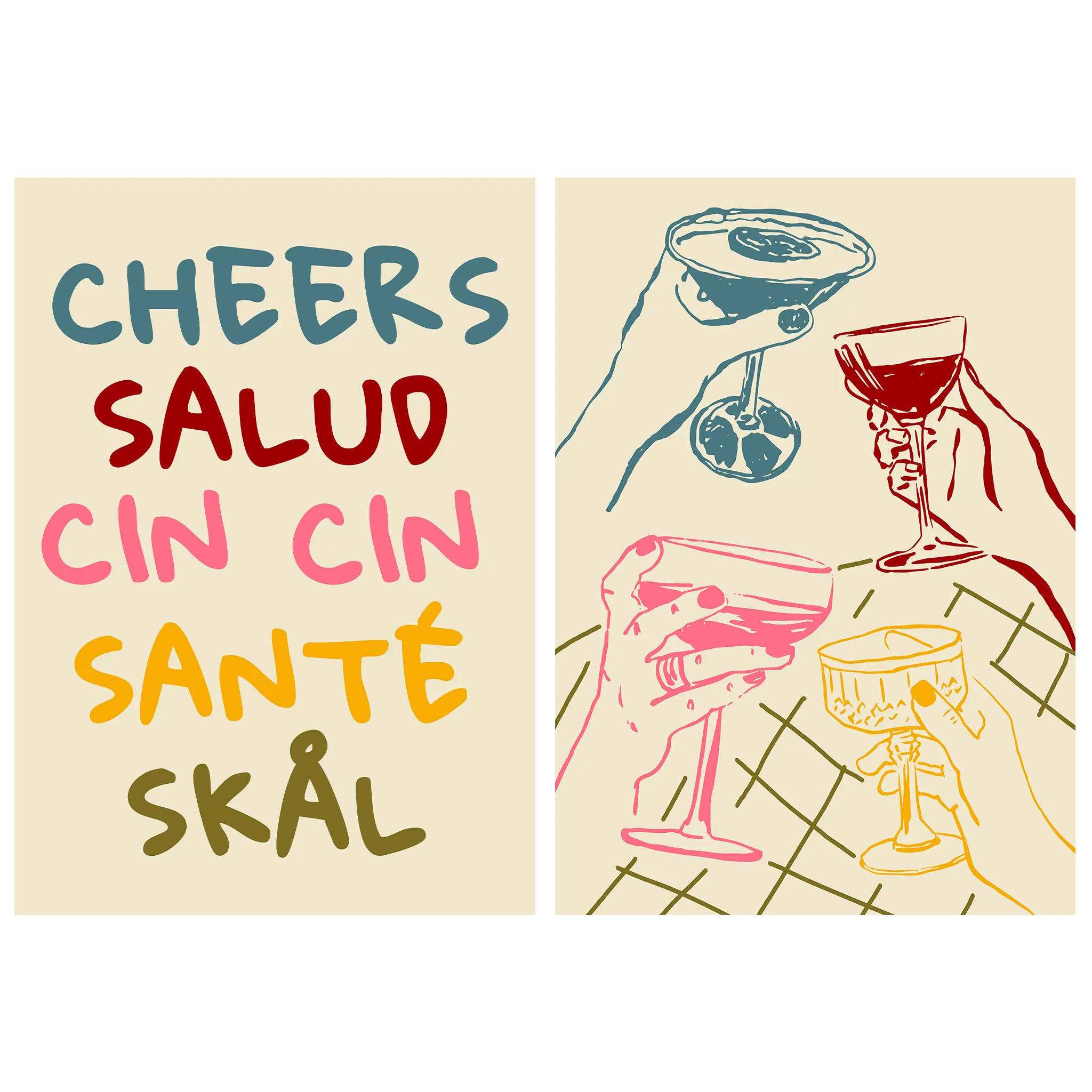 Cheers Salud Cin Cin Santé Skål | Set of 2 Colorful Bar Wall Art Prints | Kitchen Poster Set - Evergreen Posters