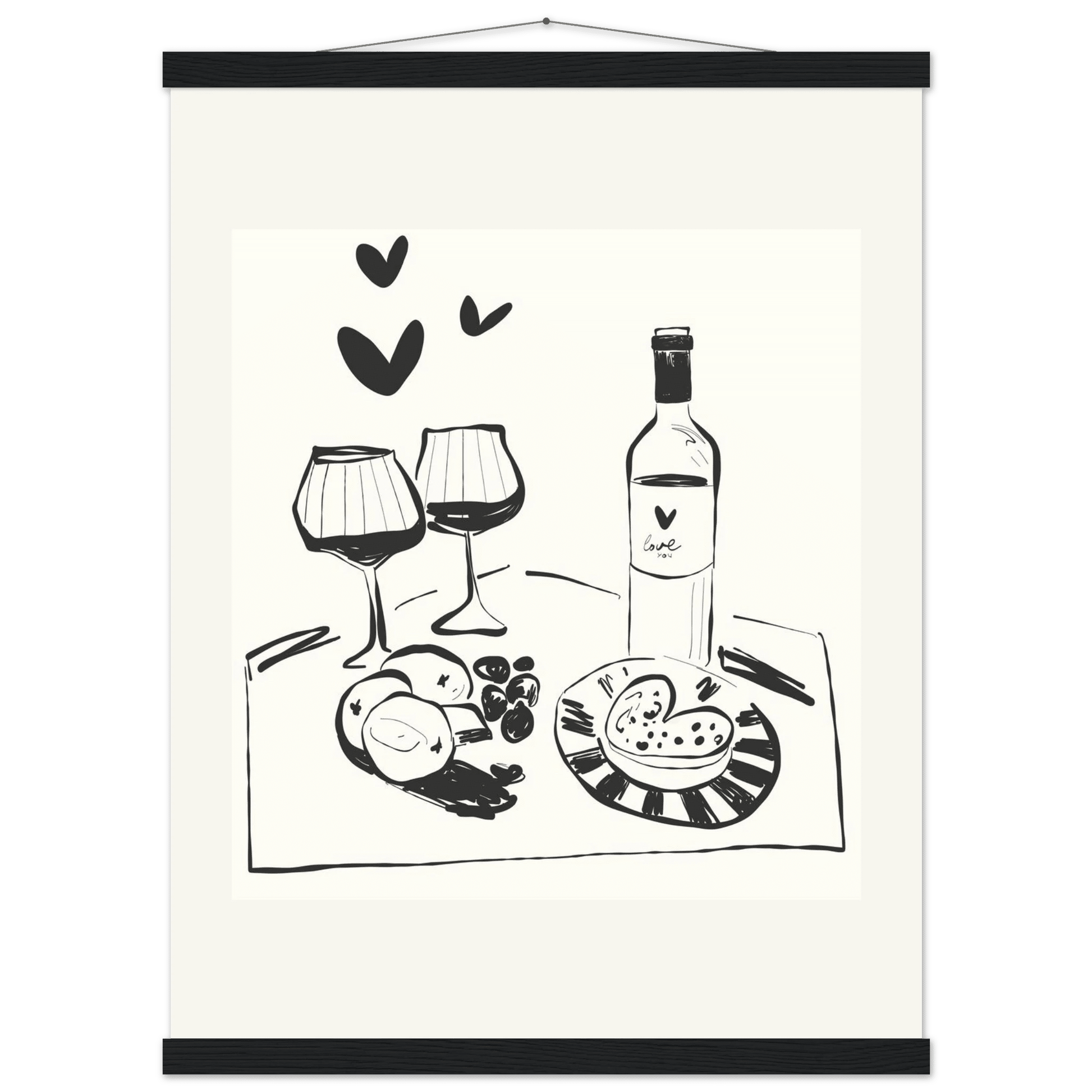 Wine for Two Print | Black Line Art Romantic Kitchen Wall Art | Couples Poster - Evergreen Posters