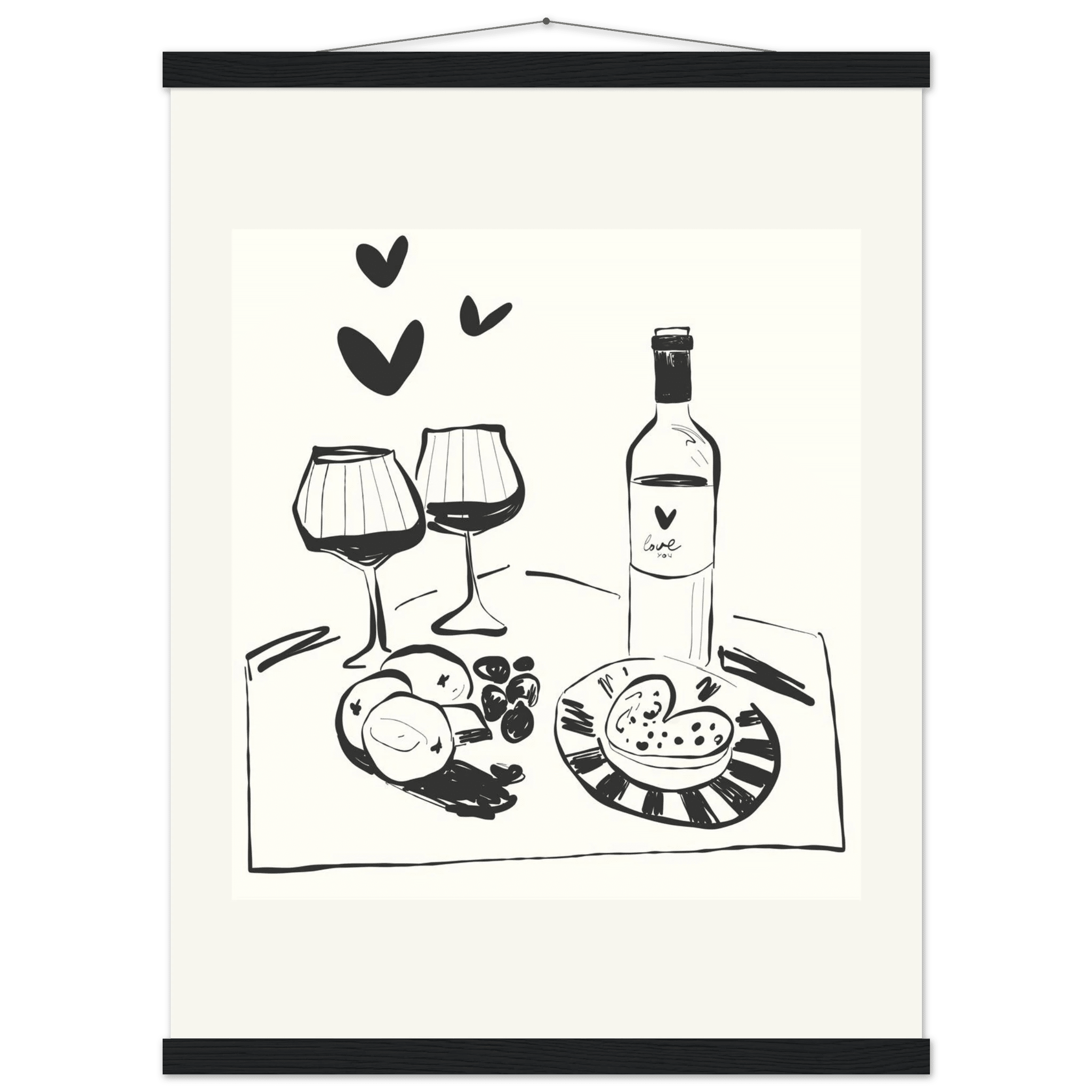 Wine for Two Print | Black Line Art Romantic Kitchen Wall Art | Couples Poster - Evergreen Posters