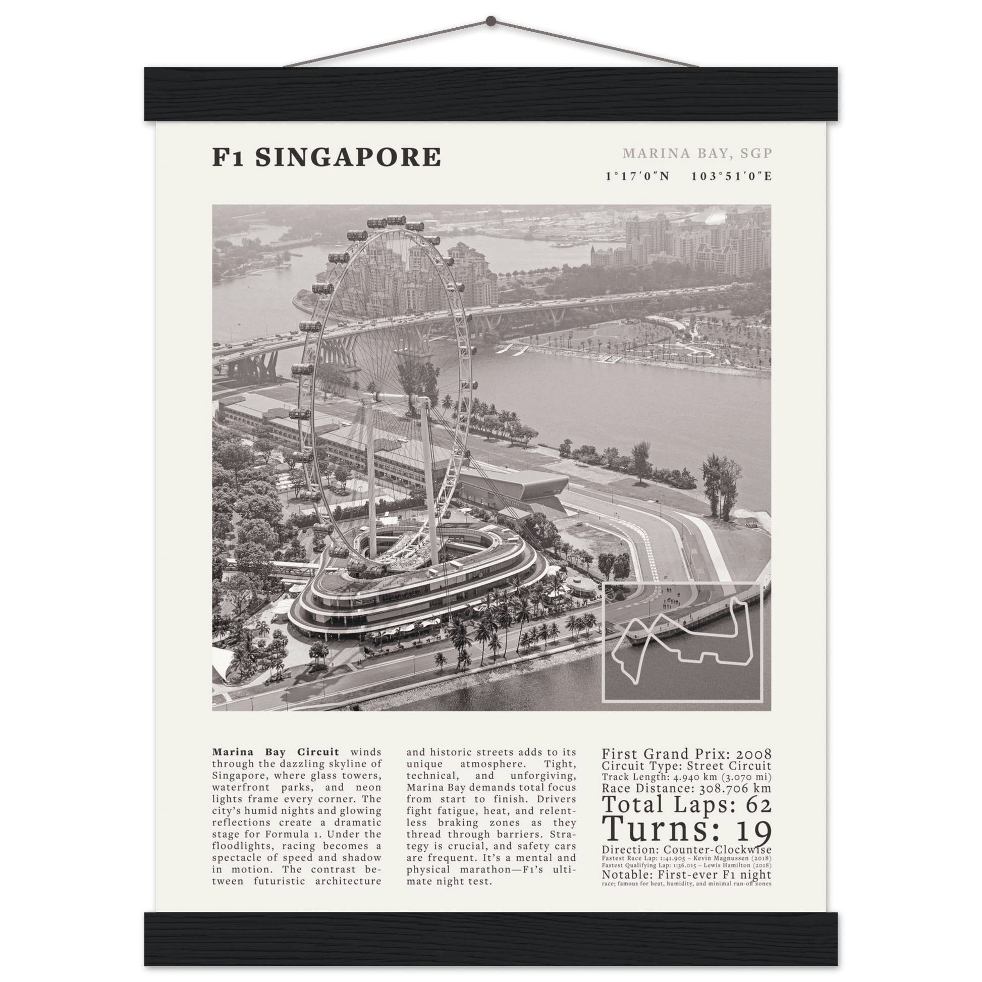 F1 Singapore Poster Black and White – Vintage Marina Bay Night Race Print (Digital & Printed Options) - Evergreen Posters