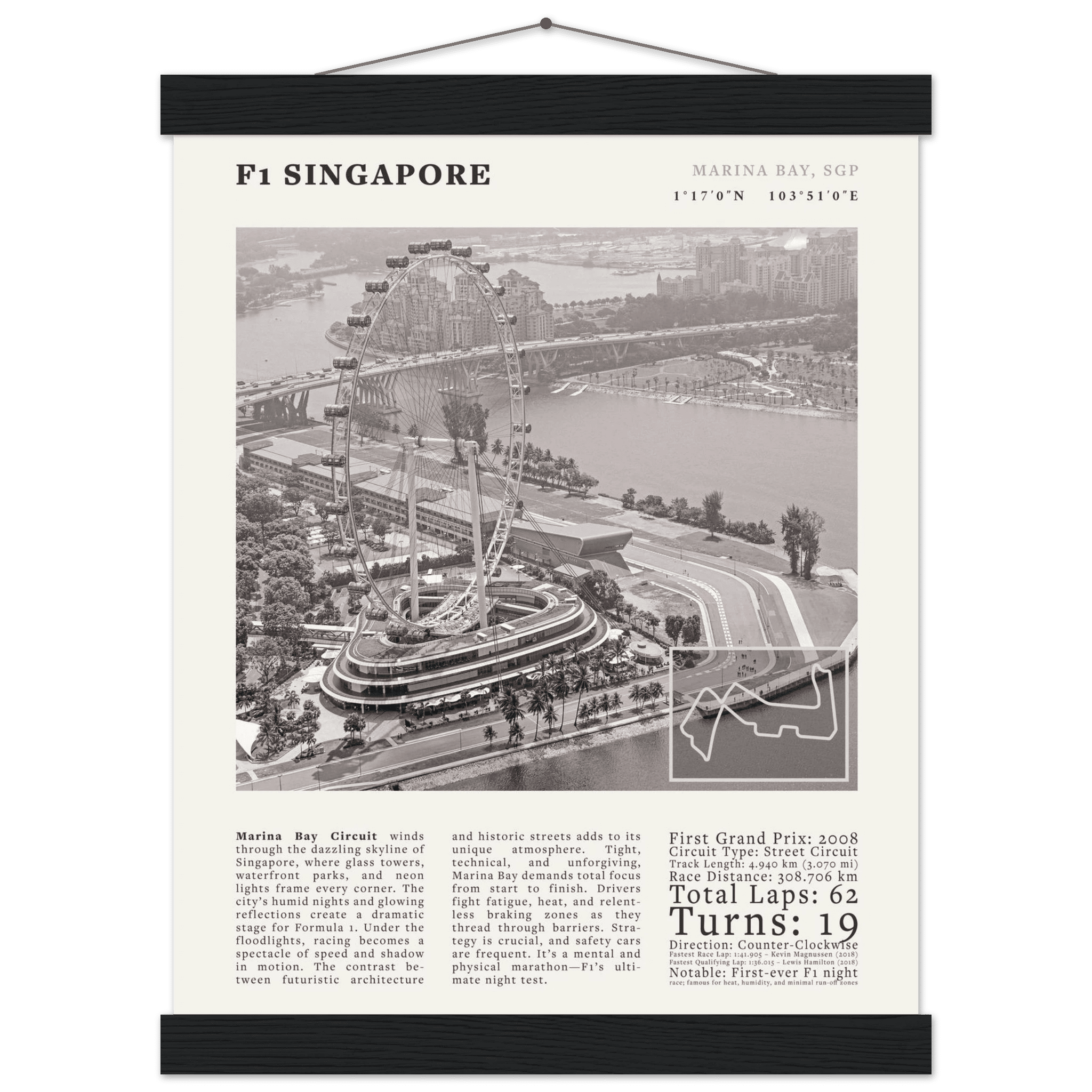 F1 Singapore Poster Black and White – Vintage Marina Bay Night Race Print (Digital & Printed Options) - Evergreen Posters