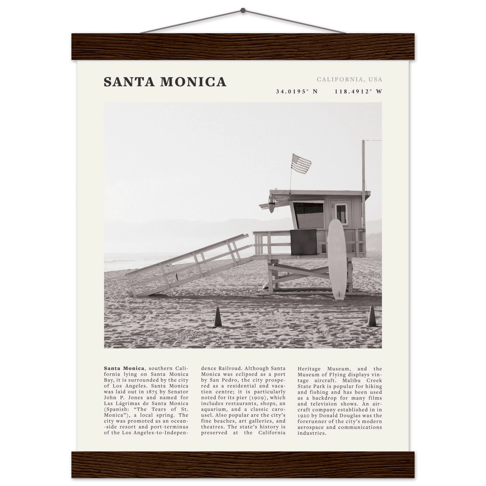 Santa Monica Poster | Black & White California Wall Art | Beach Travel Print | Coastal Decor - Evergreen Posters