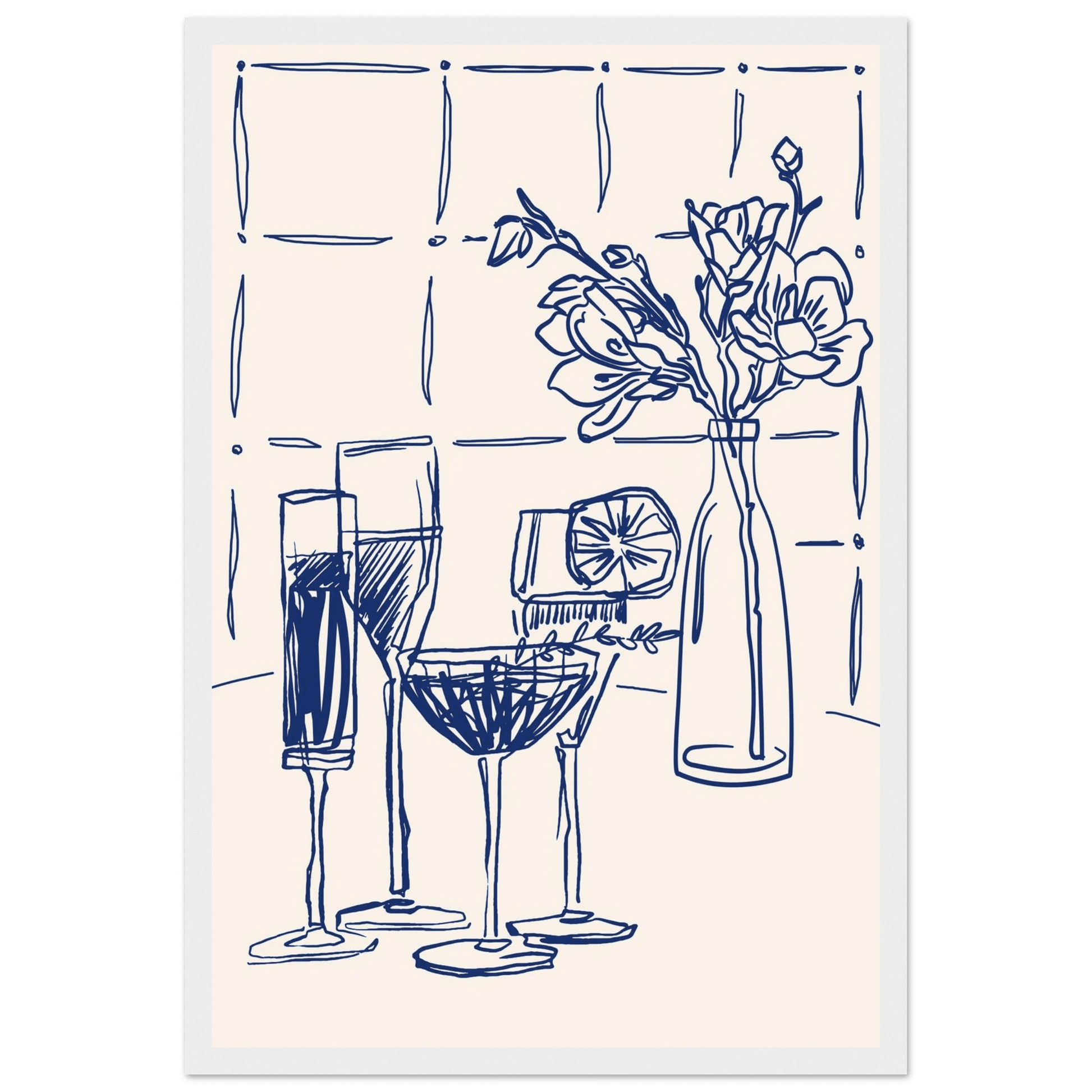 Cocktails & Flowers Print | Navy Blue Line Art Drinks Wall Art | Kitchen Bar Poster - Evergreen Posters