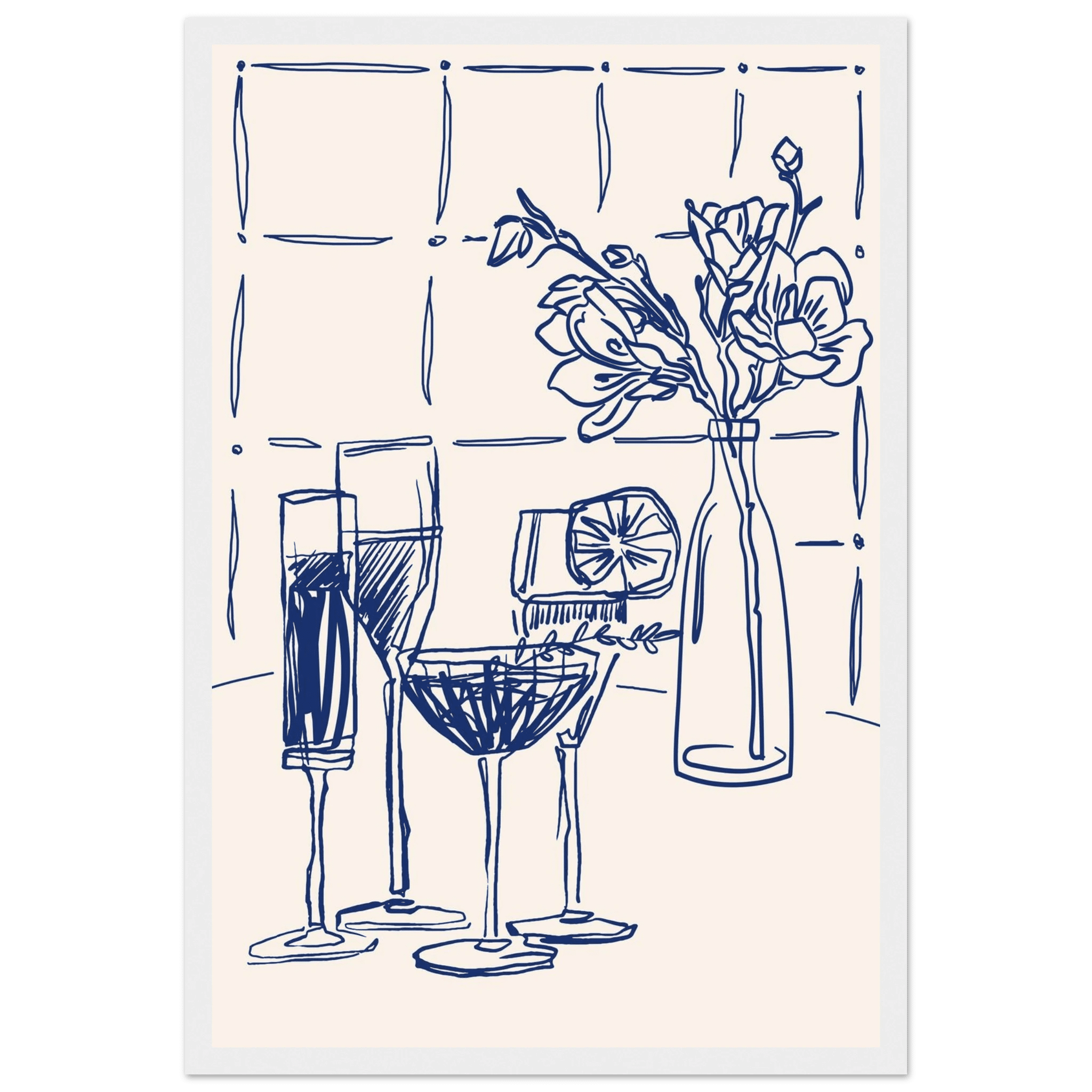 Cocktails & Flowers Print | Navy Blue Line Art Drinks Wall Art | Kitchen Bar Poster - Evergreen Posters