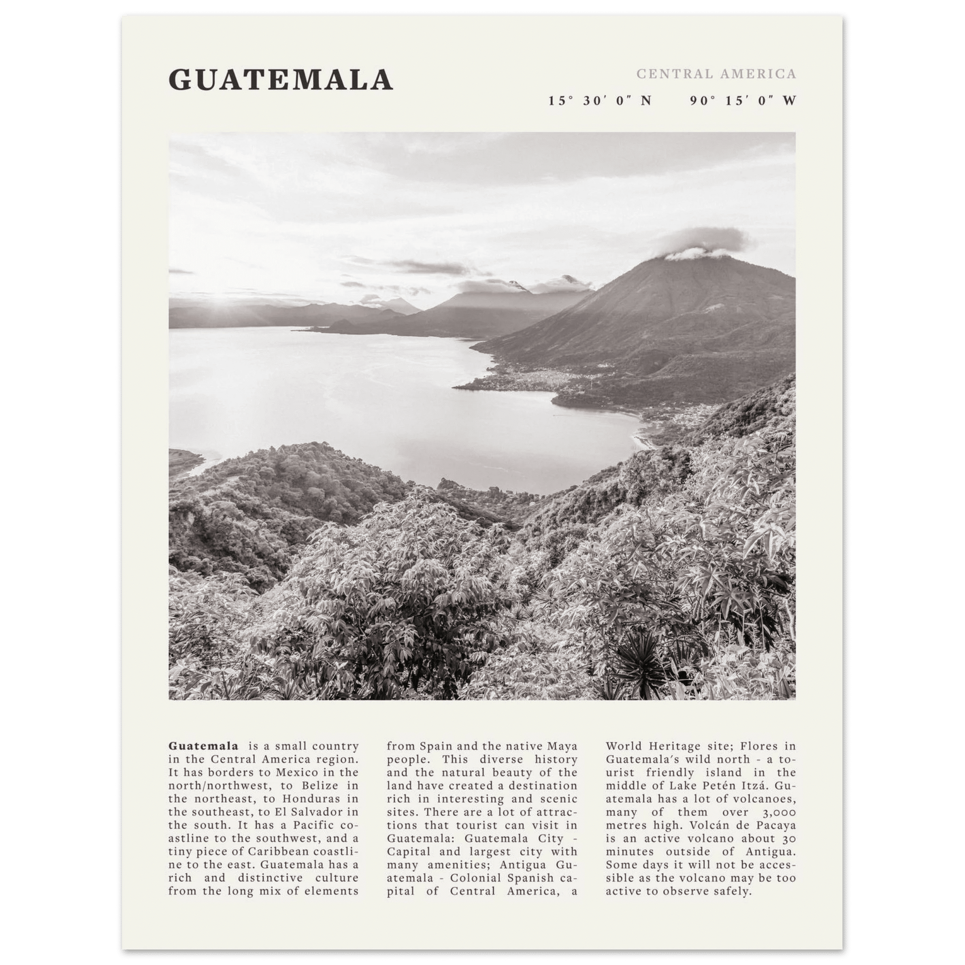 Guatemala Poster | Black & White Lake Atitlan Wall Art | Central America Travel Print - Evergreen Posters
