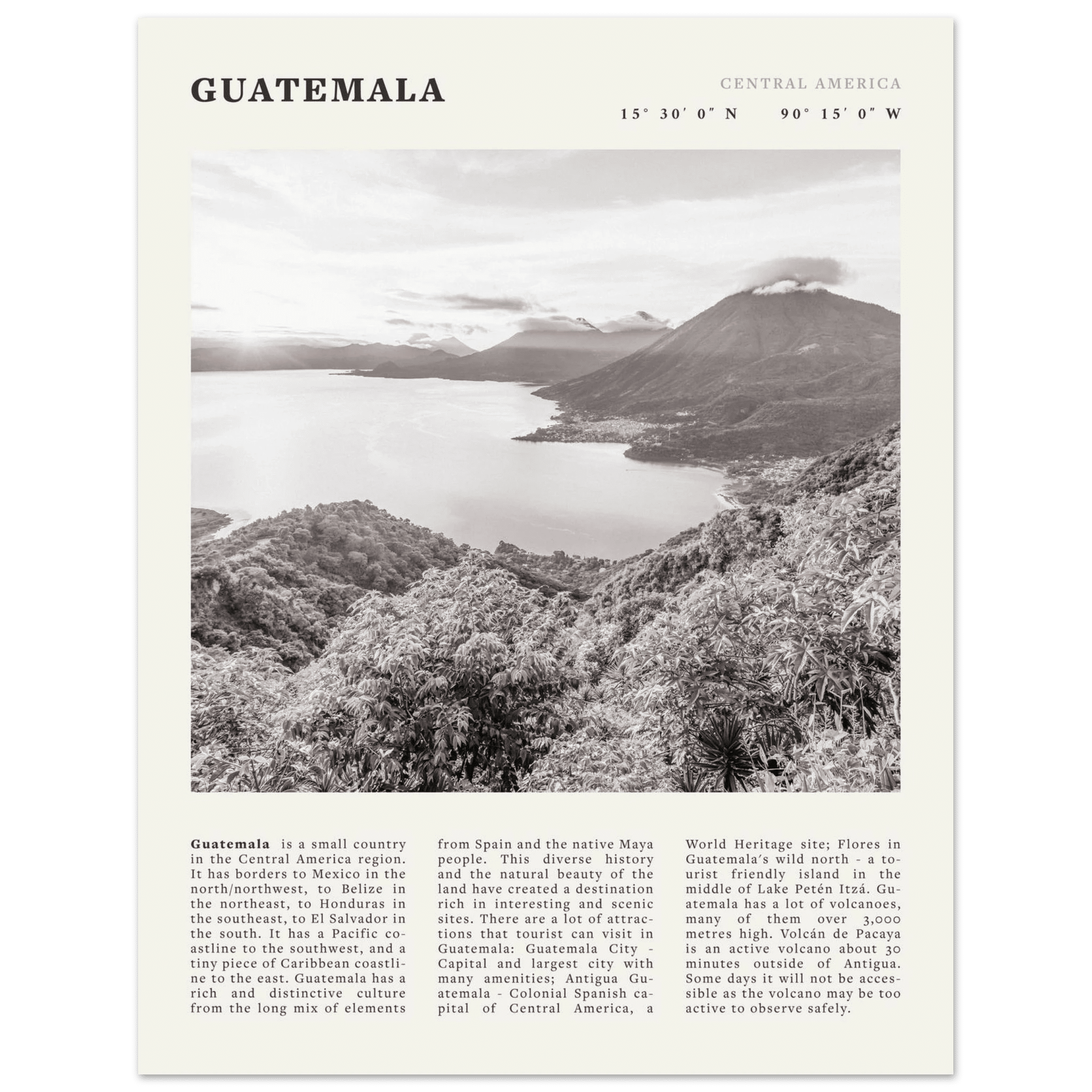 Guatemala Poster | Black & White Lake Atitlan Wall Art | Central America Travel Print - Evergreen Posters