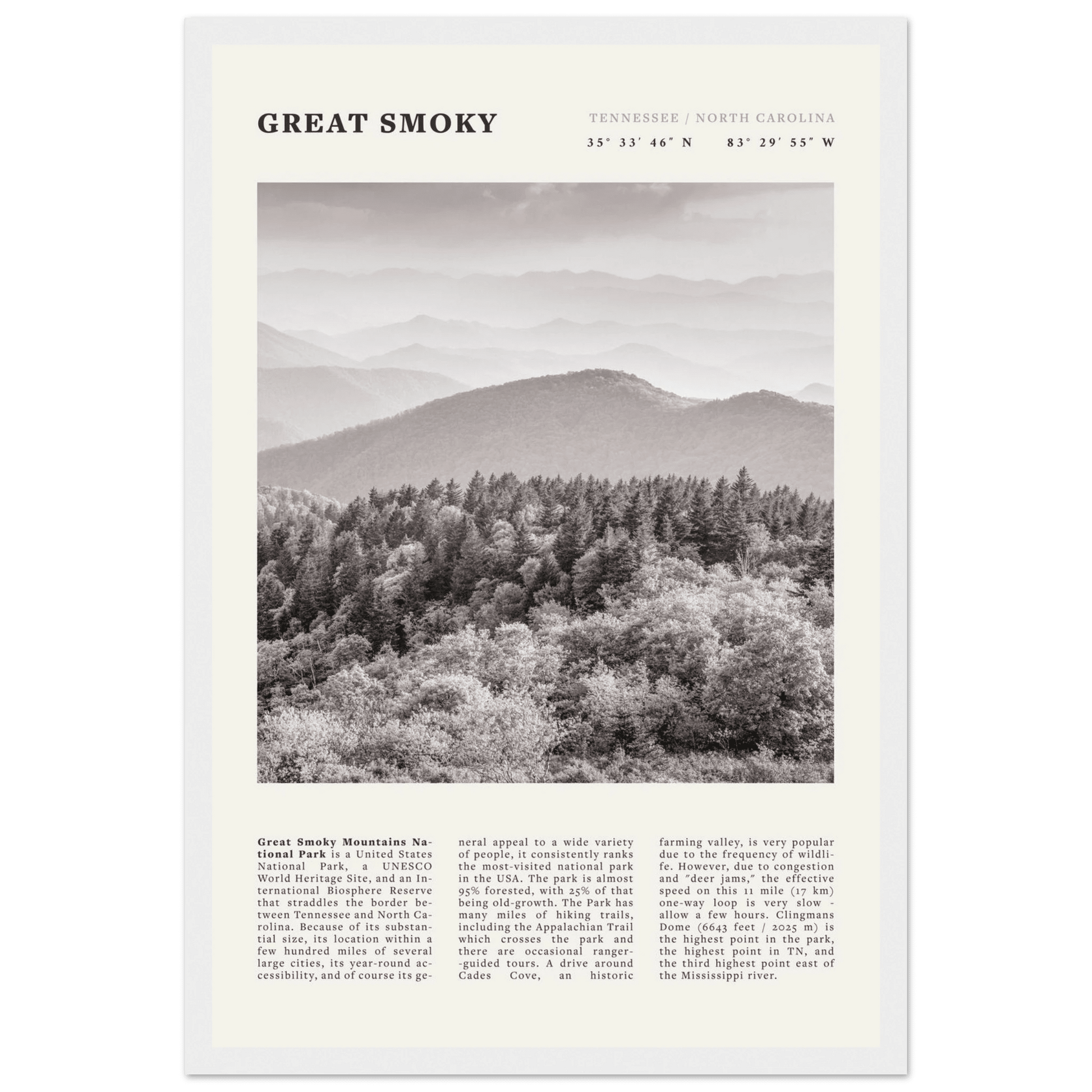 Great Smoky Mountains Poster | Black & White National Park Wall Art | Tennessee Print - Evergreen Posters