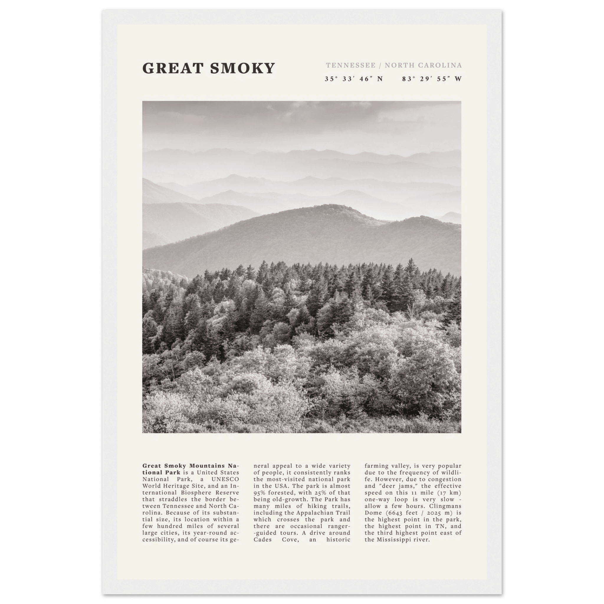 Great Smoky Mountains Poster | Black & White National Park Wall Art | Tennessee Print - Evergreen Posters