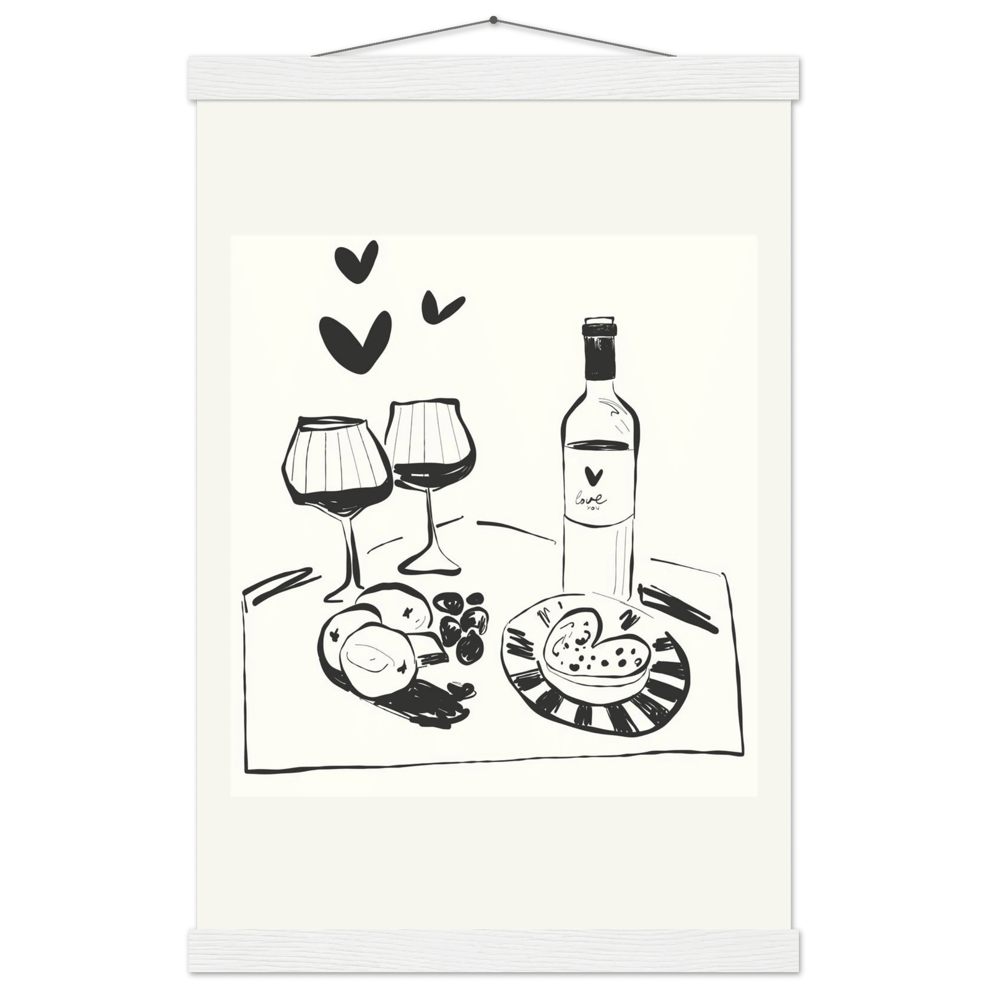 Wine for Two Print | Black Line Art Romantic Kitchen Wall Art | Couples Poster - Evergreen Posters