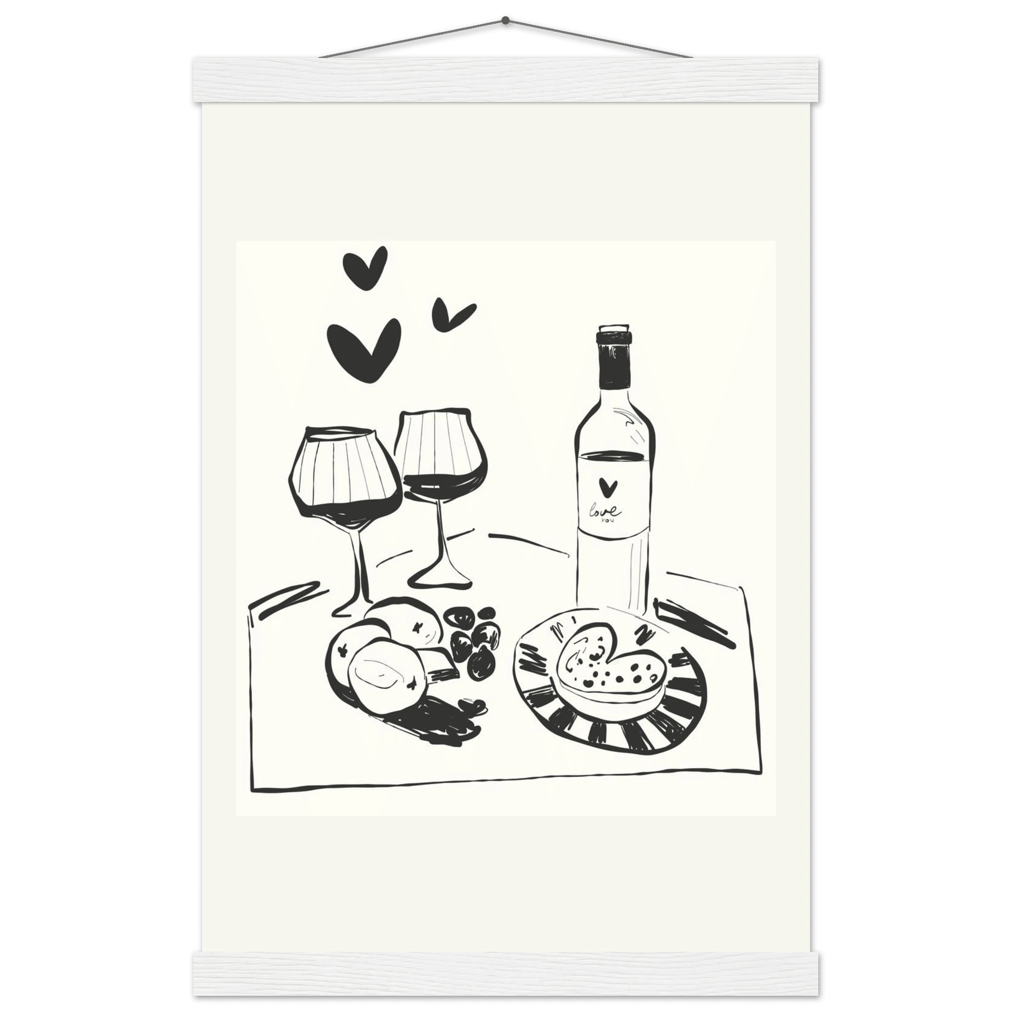 Wine for Two Print | Black Line Art Romantic Kitchen Wall Art | Couples Poster - Evergreen Posters