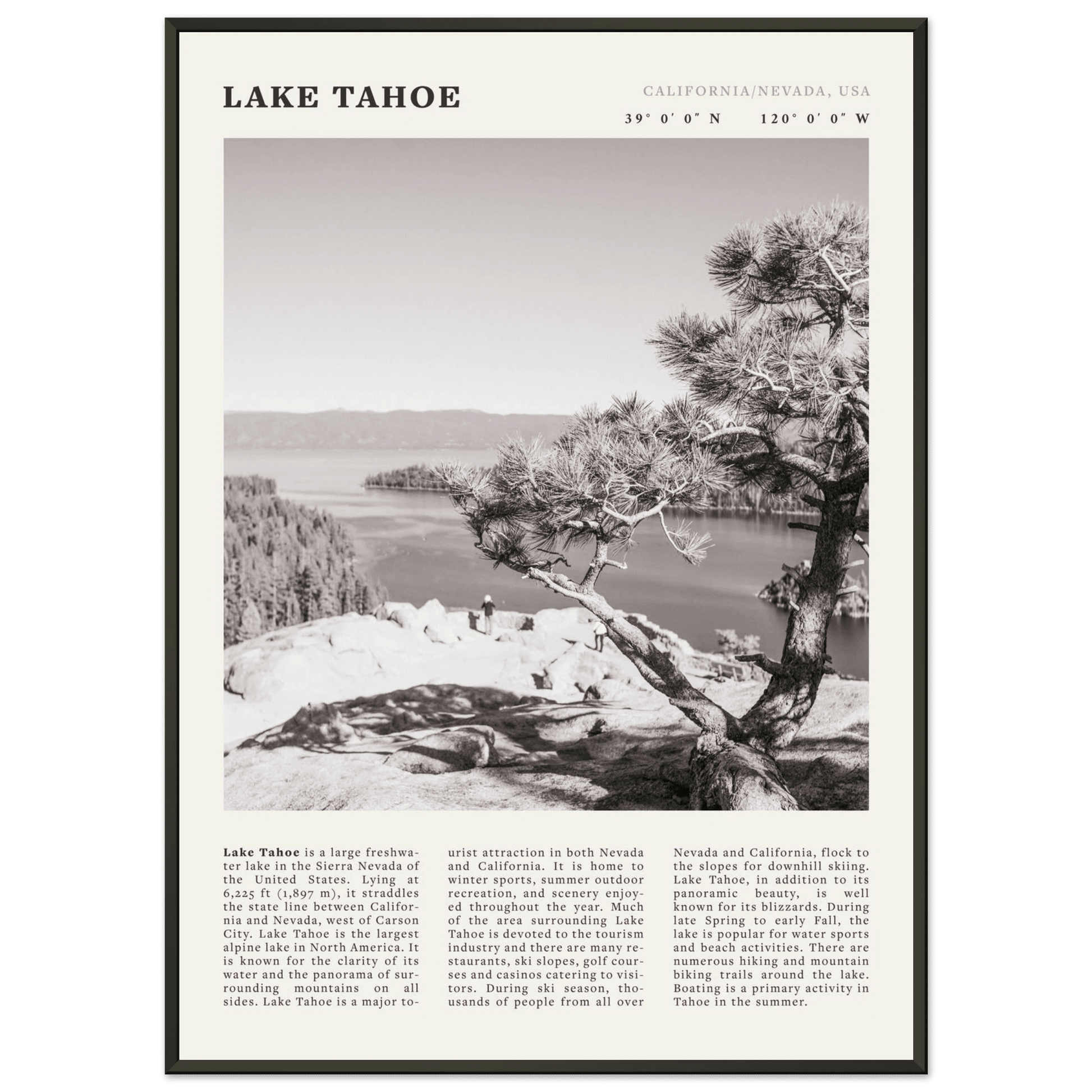 Lake Tahoe Poster | Black & White California Nevada Wall Art | Nature Travel Print Decor - Evergreen Posters