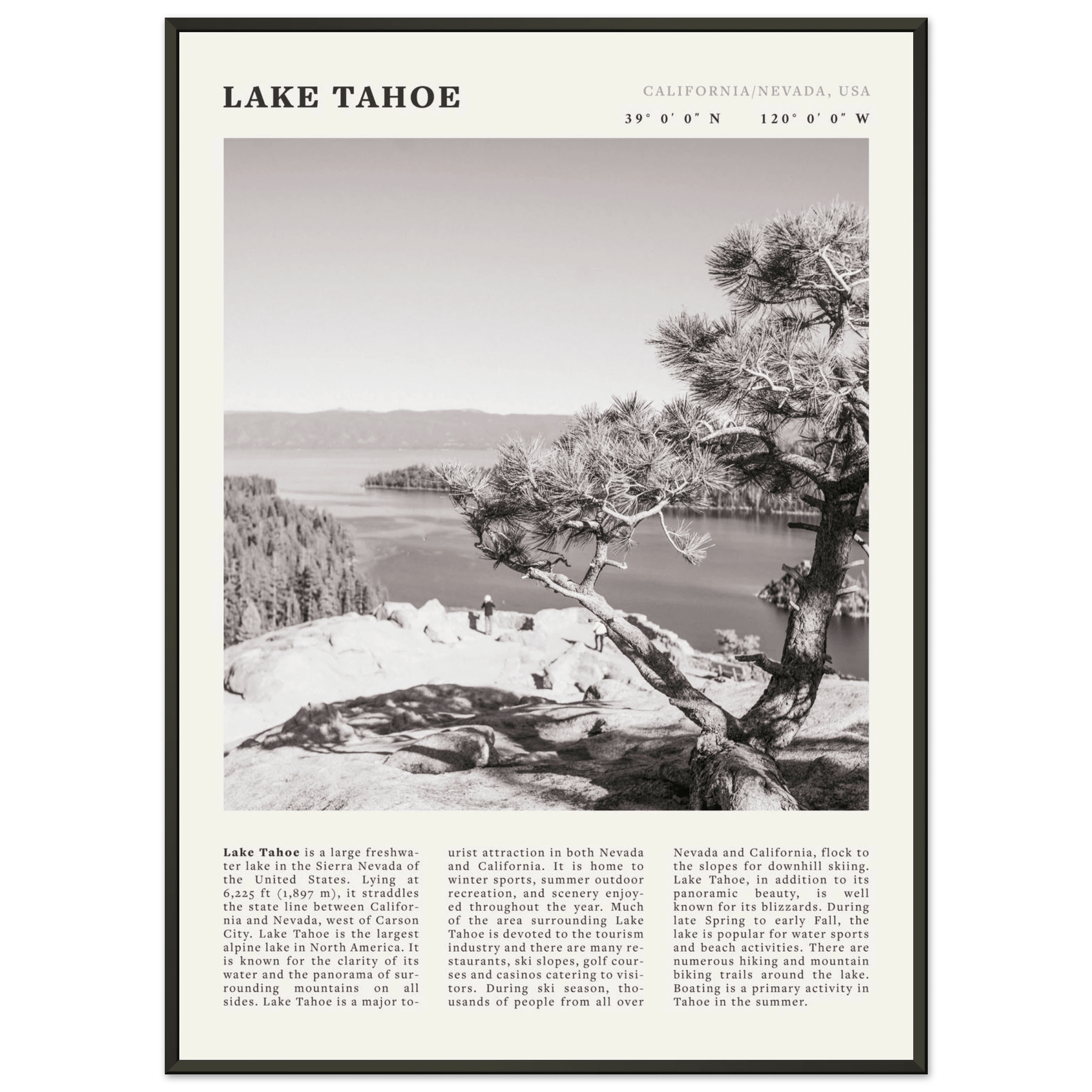 Lake Tahoe Poster | Black & White California Nevada Wall Art | Nature Travel Print Decor - Evergreen Posters