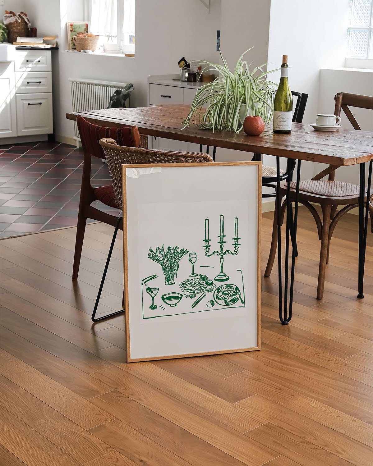 Fine Dining Table Print | Green Line Art Kitchen Wall Art | Elegant Dining Room Poster - Evergreen Posters