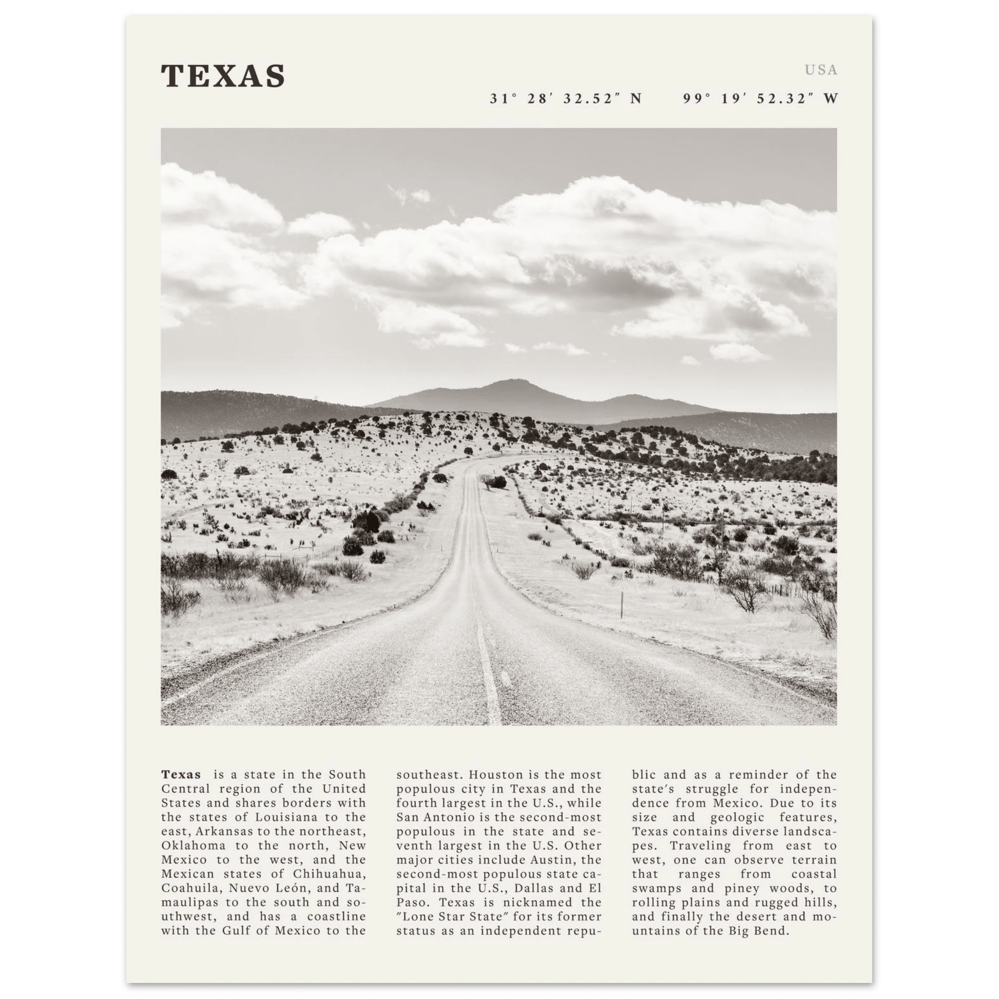 Texas Poster | Black & White Lone Star Road Wall Art | USA Travel Print Decor - Evergreen Posters