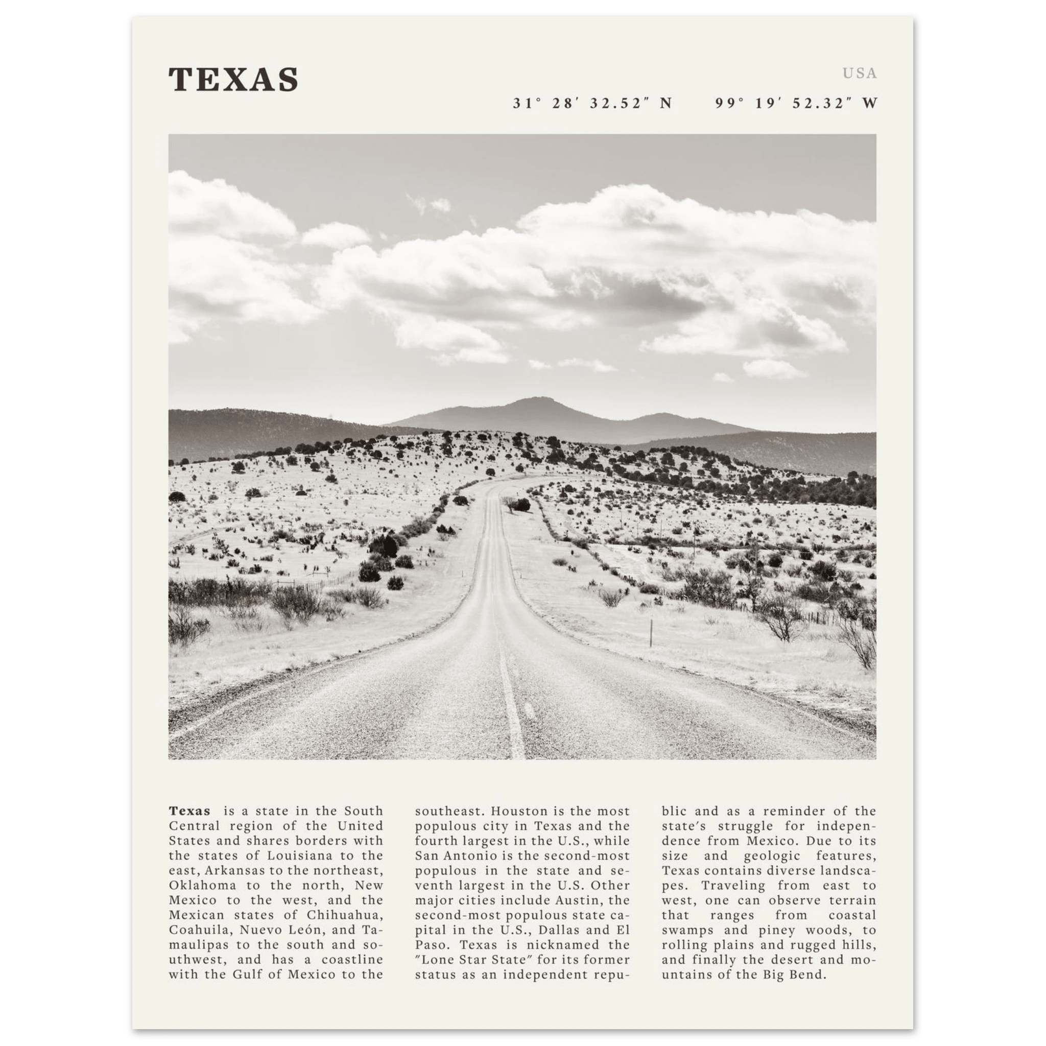 Texas Poster | Black & White Lone Star Road Wall Art | USA Travel Print Decor - Evergreen Posters