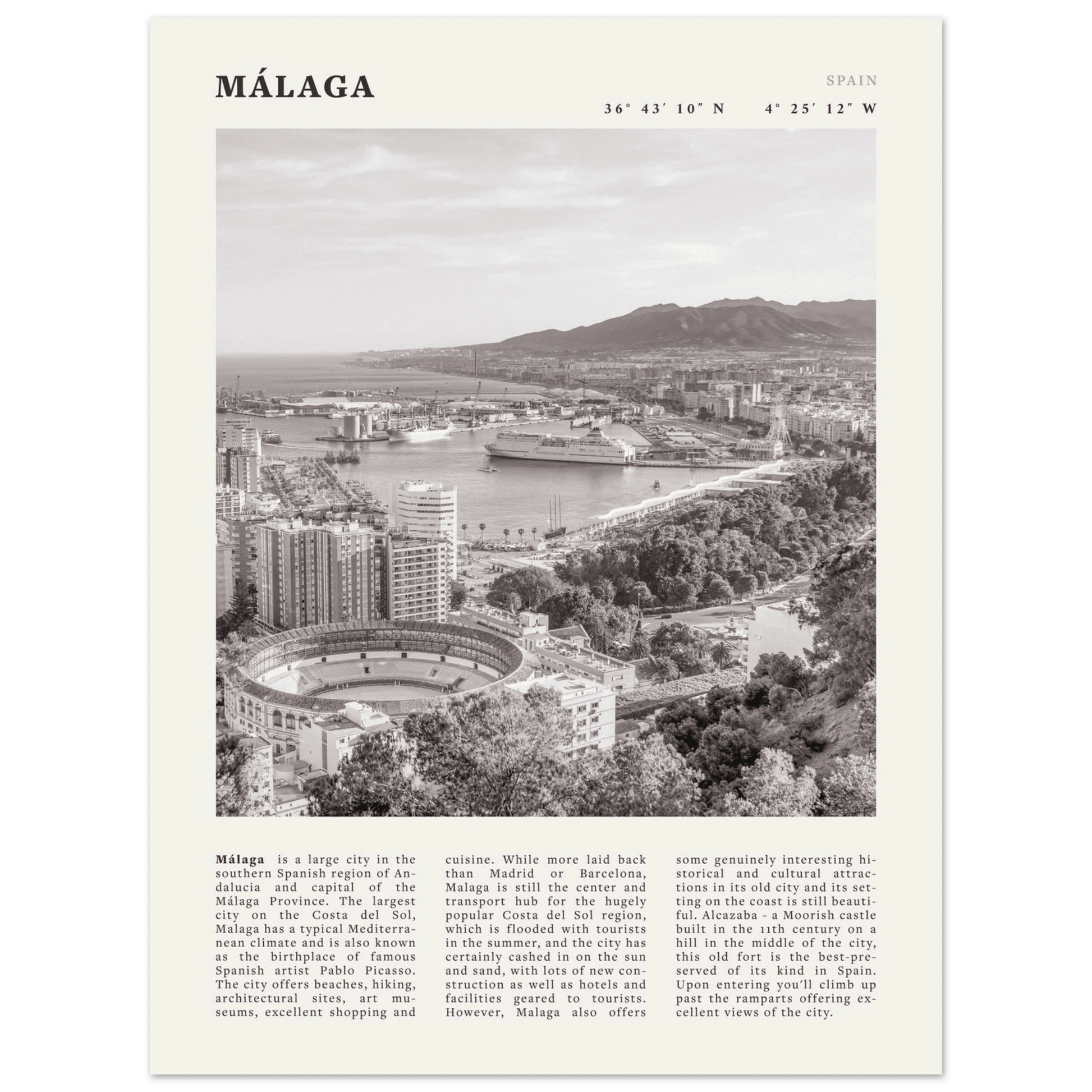Málaga Poster | Black & White Costa del Sol Wall Art | Spain Travel Print - Evergreen Posters