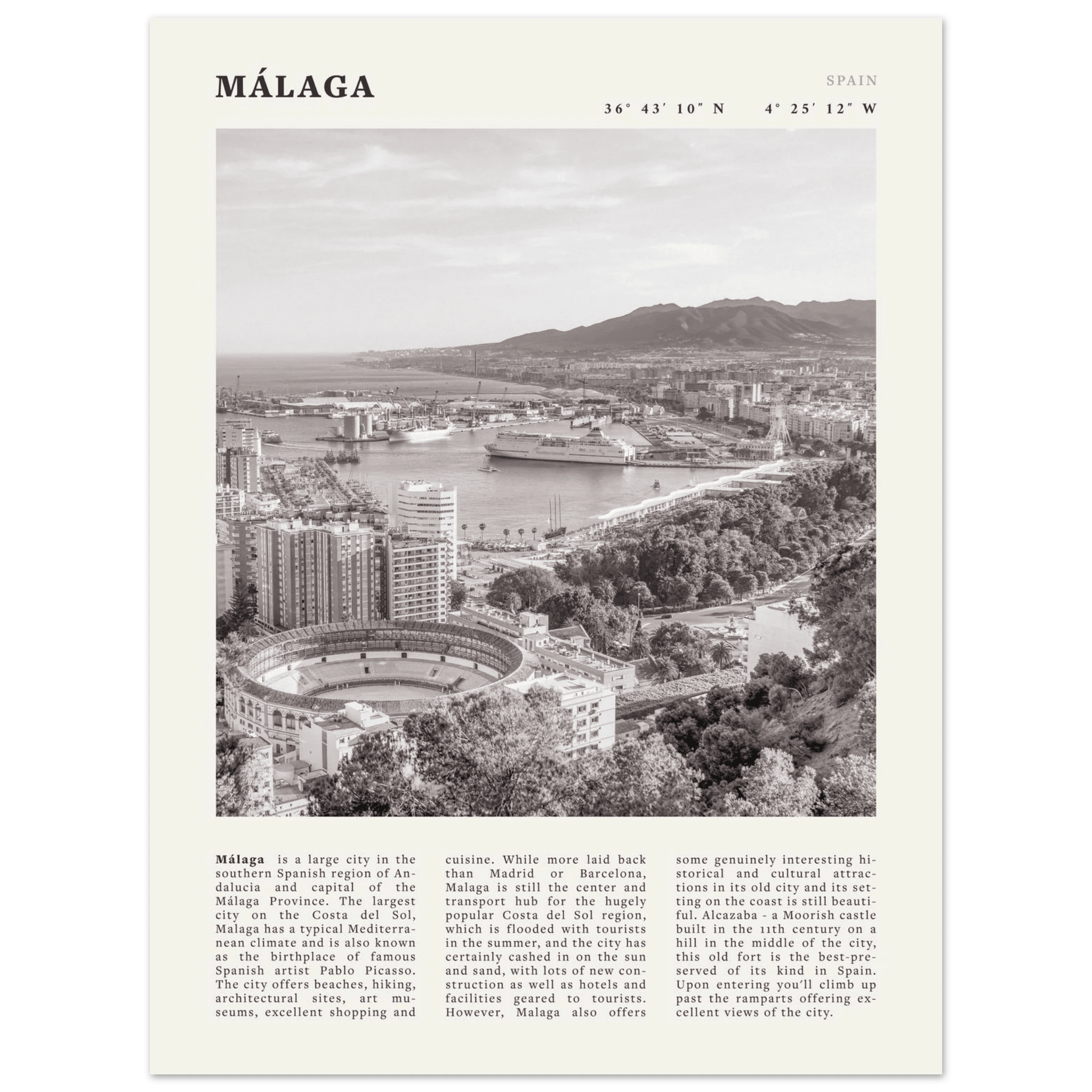 Málaga Poster | Black & White Costa del Sol Wall Art | Spain Travel Print - Evergreen Posters