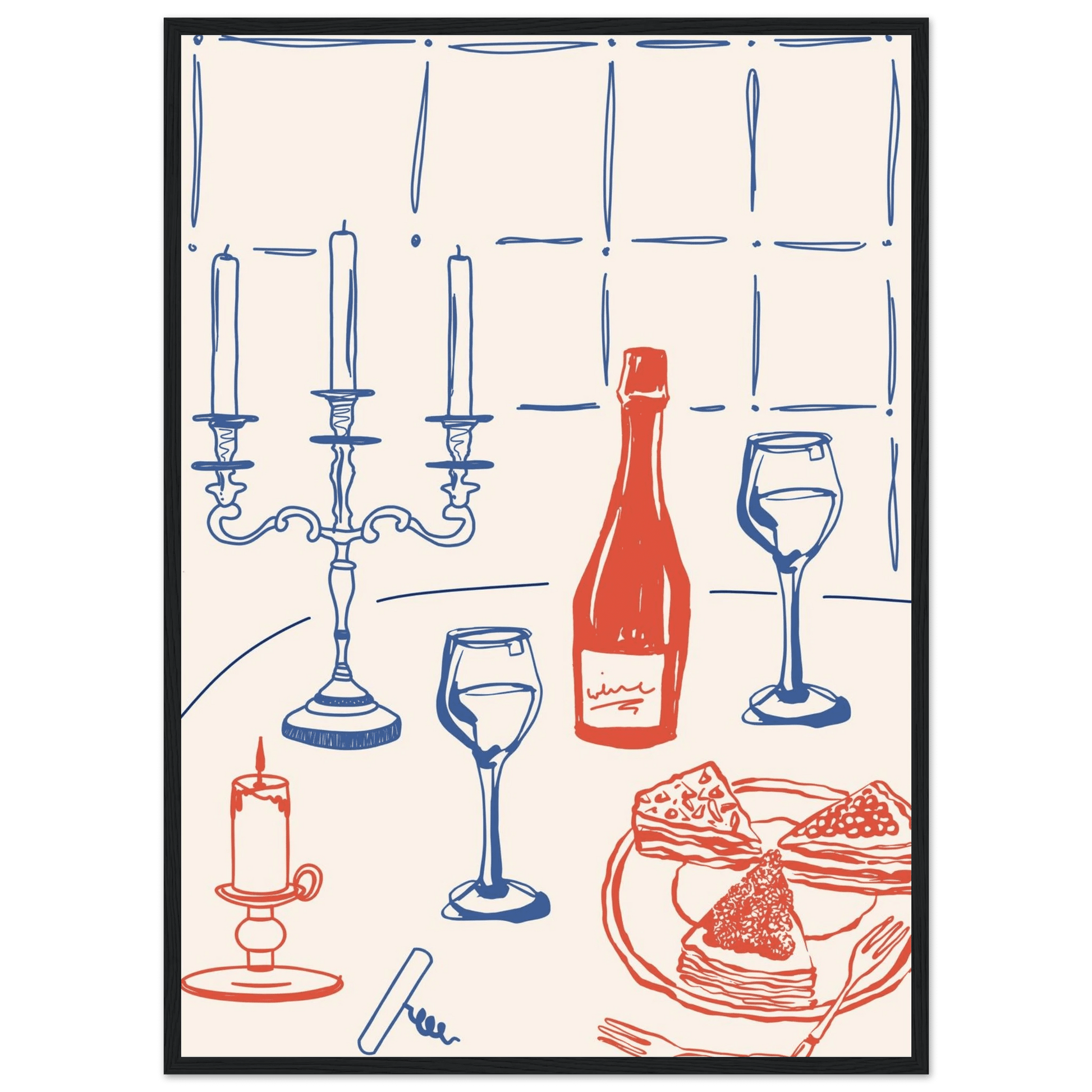Candlelight Dinner Print | Wine & Candelabra Line Art Wall Art | Kitchen Poster - Evergreen Posters