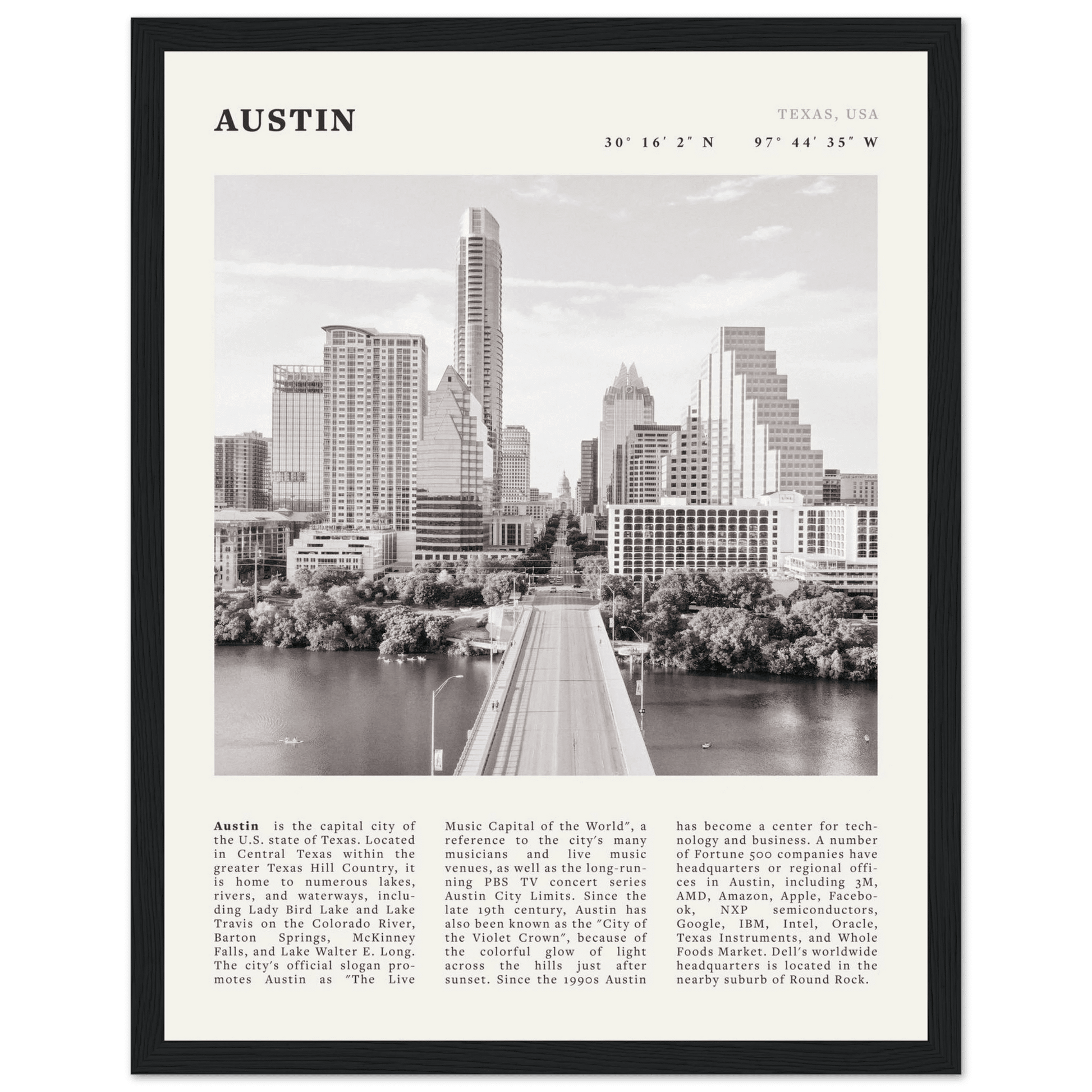 Austin Poster | Black & White Texas Skyline Wall Art | City Travel Print Decor - Evergreen Posters
