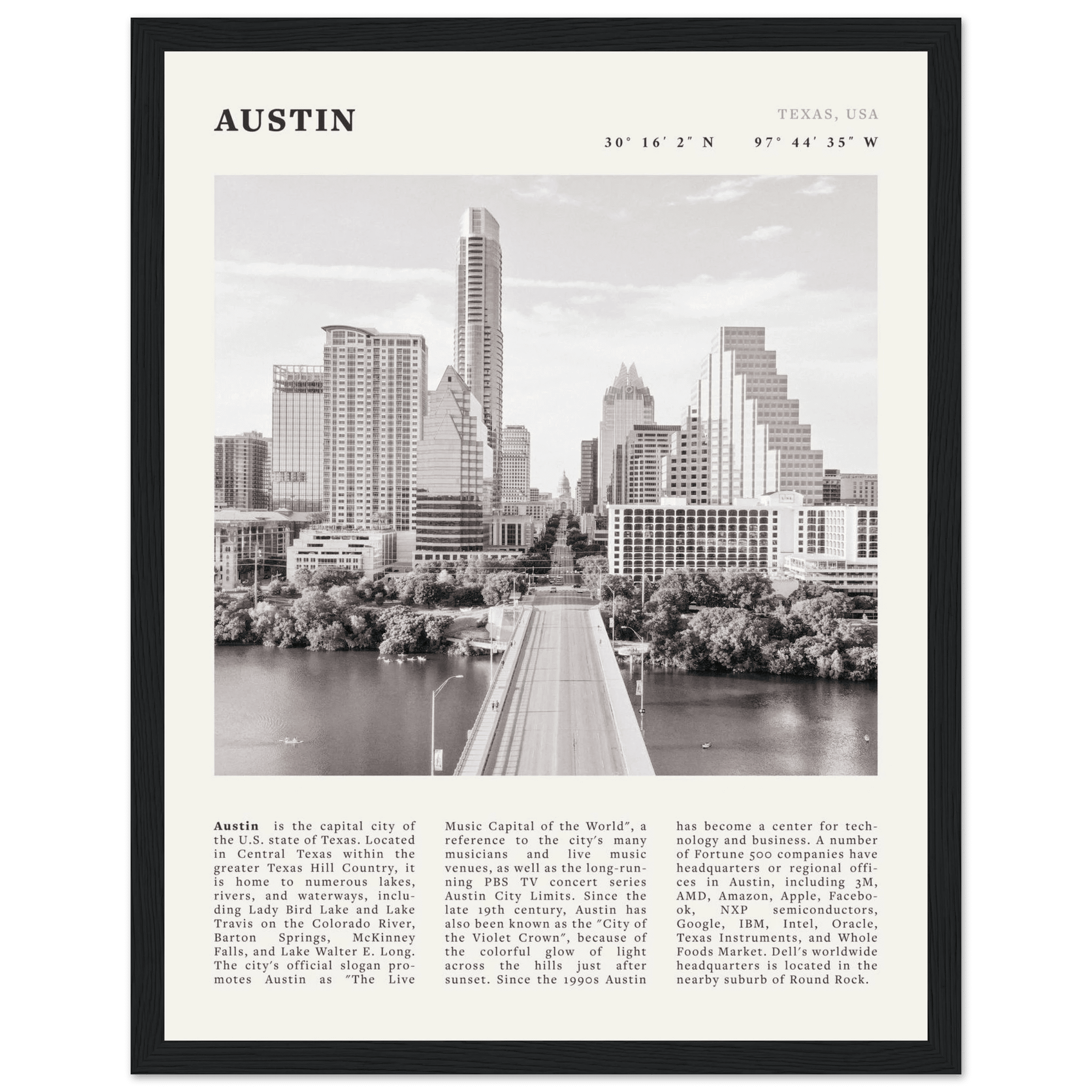 Austin Poster | Black & White Texas Skyline Wall Art | City Travel Print Decor - Evergreen Posters