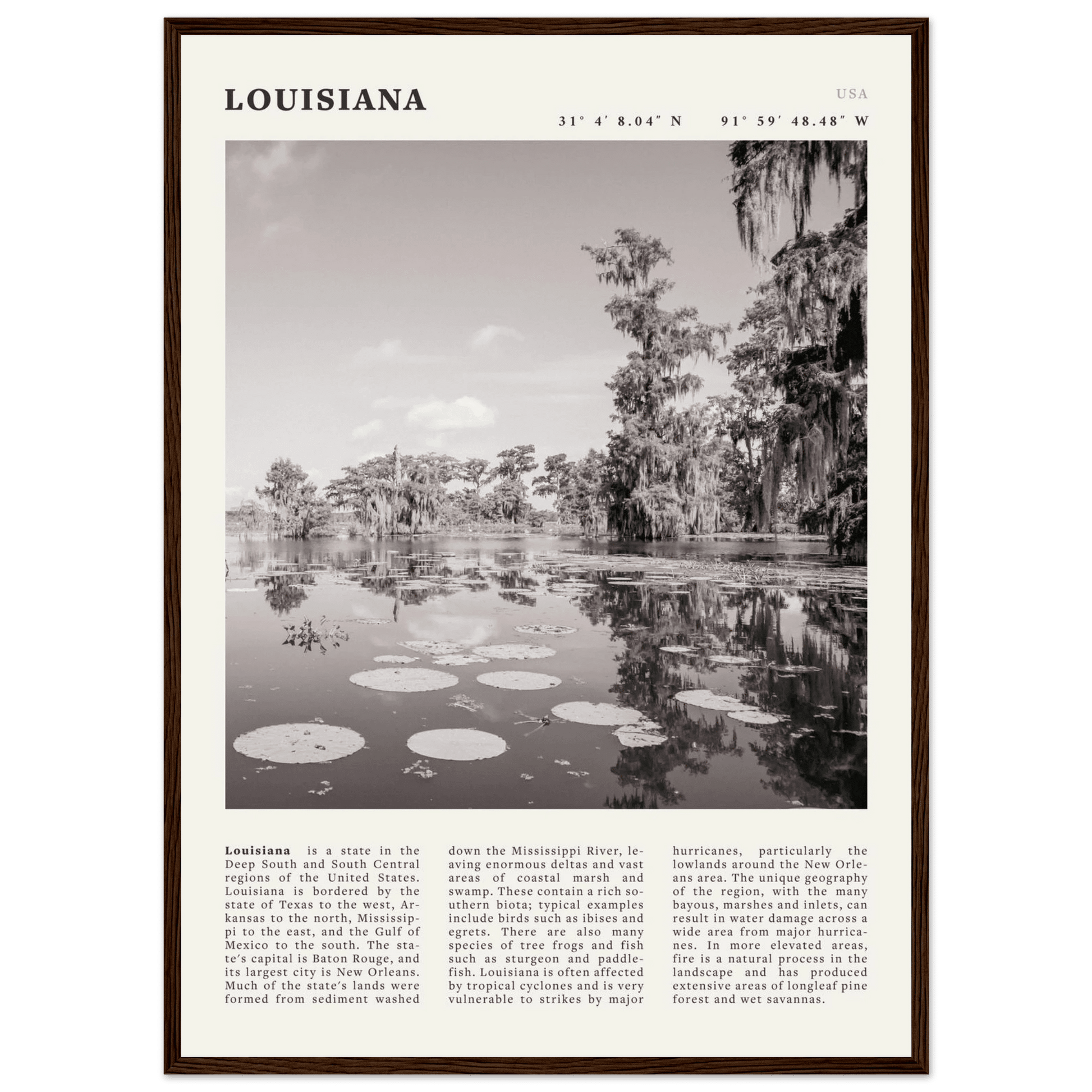 Louisiana Poster | Black & White Bayou Wall Art | Southern USA Travel Print Decor - Evergreen Posters