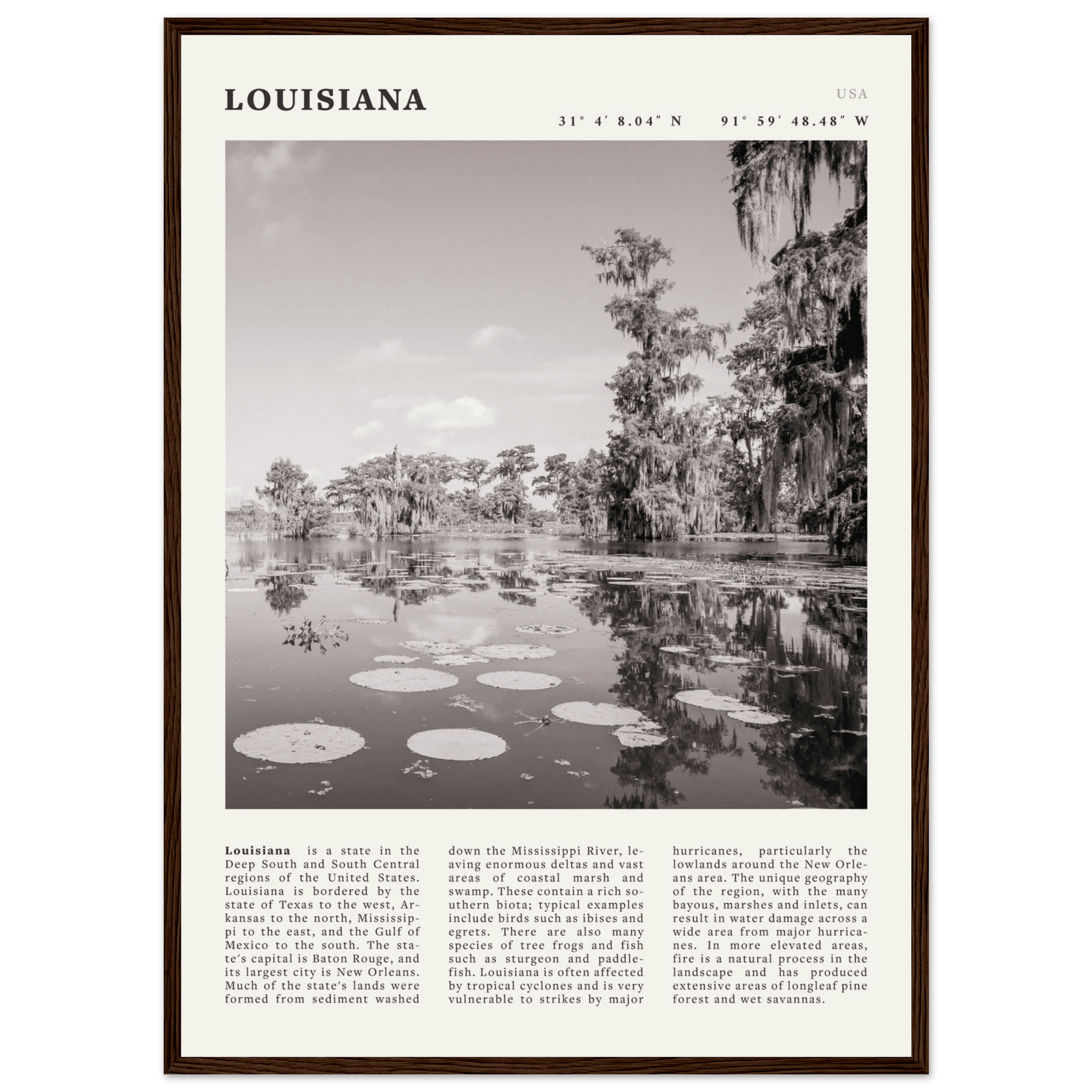 Louisiana Poster | Black & White Bayou Wall Art | Southern USA Travel Print Decor - Evergreen Posters