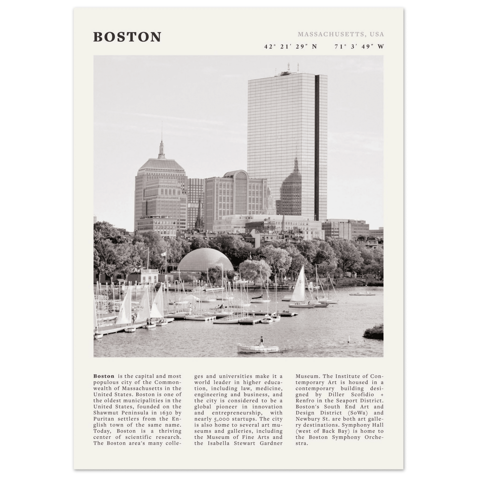 Boston Poster | Black & White Charles River Skyline Wall Art | Massachusetts Print - Evergreen Posters