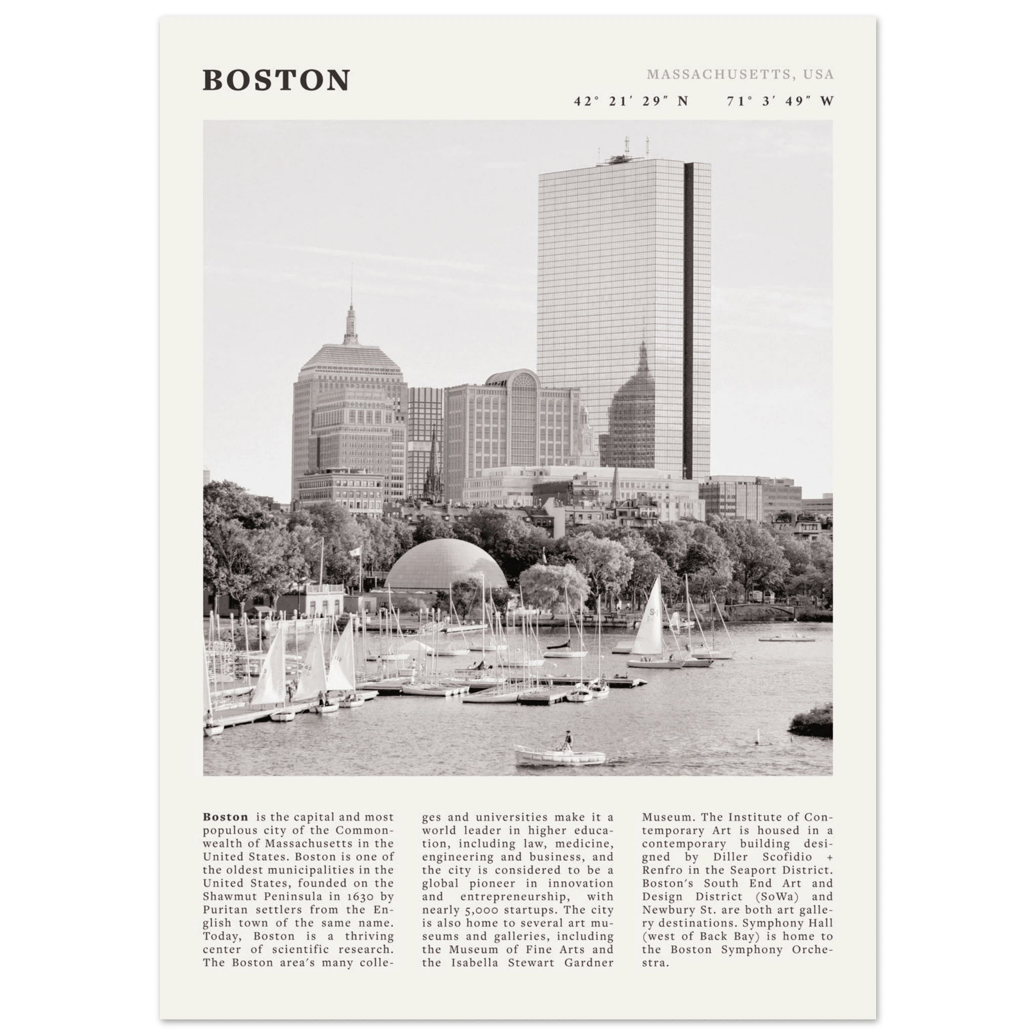 Boston Poster | Black & White Charles River Skyline Wall Art | Massachusetts Print - Evergreen Posters