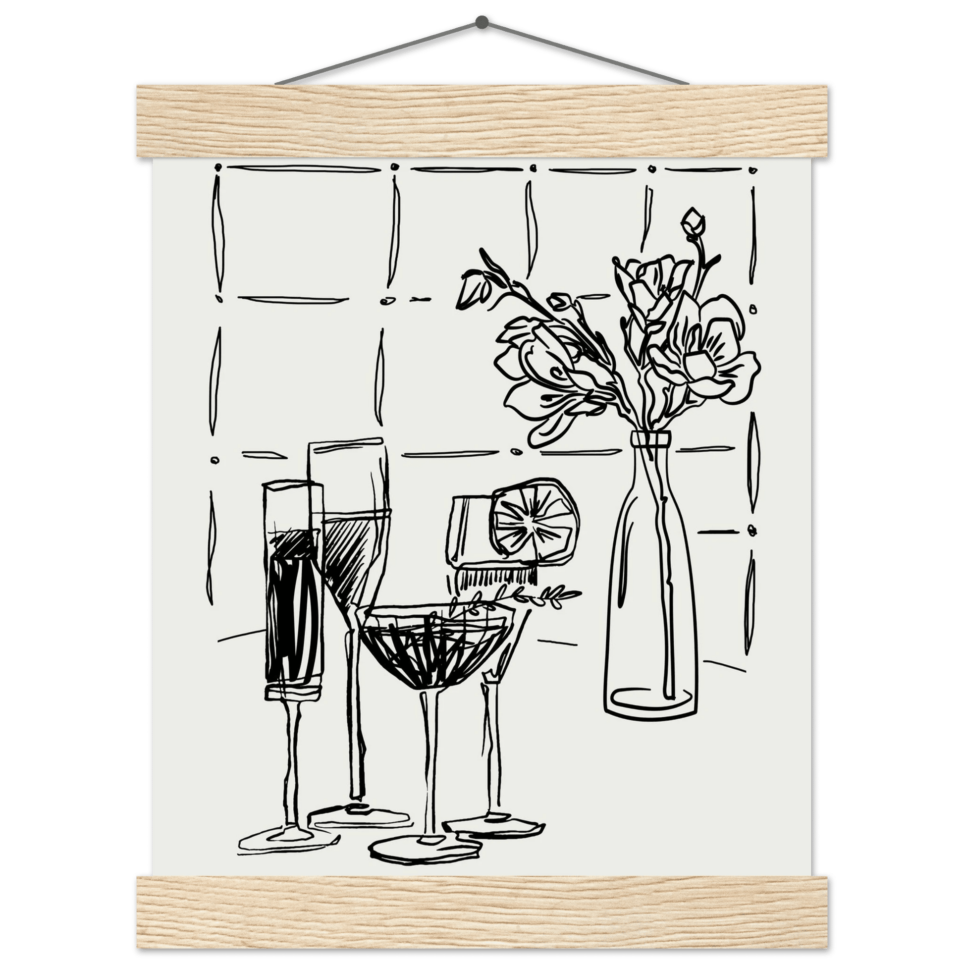 Cocktails & Flowers Print | Black Line Art Drinks Wall Art | Kitchen Bar Poster - Evergreen Posters