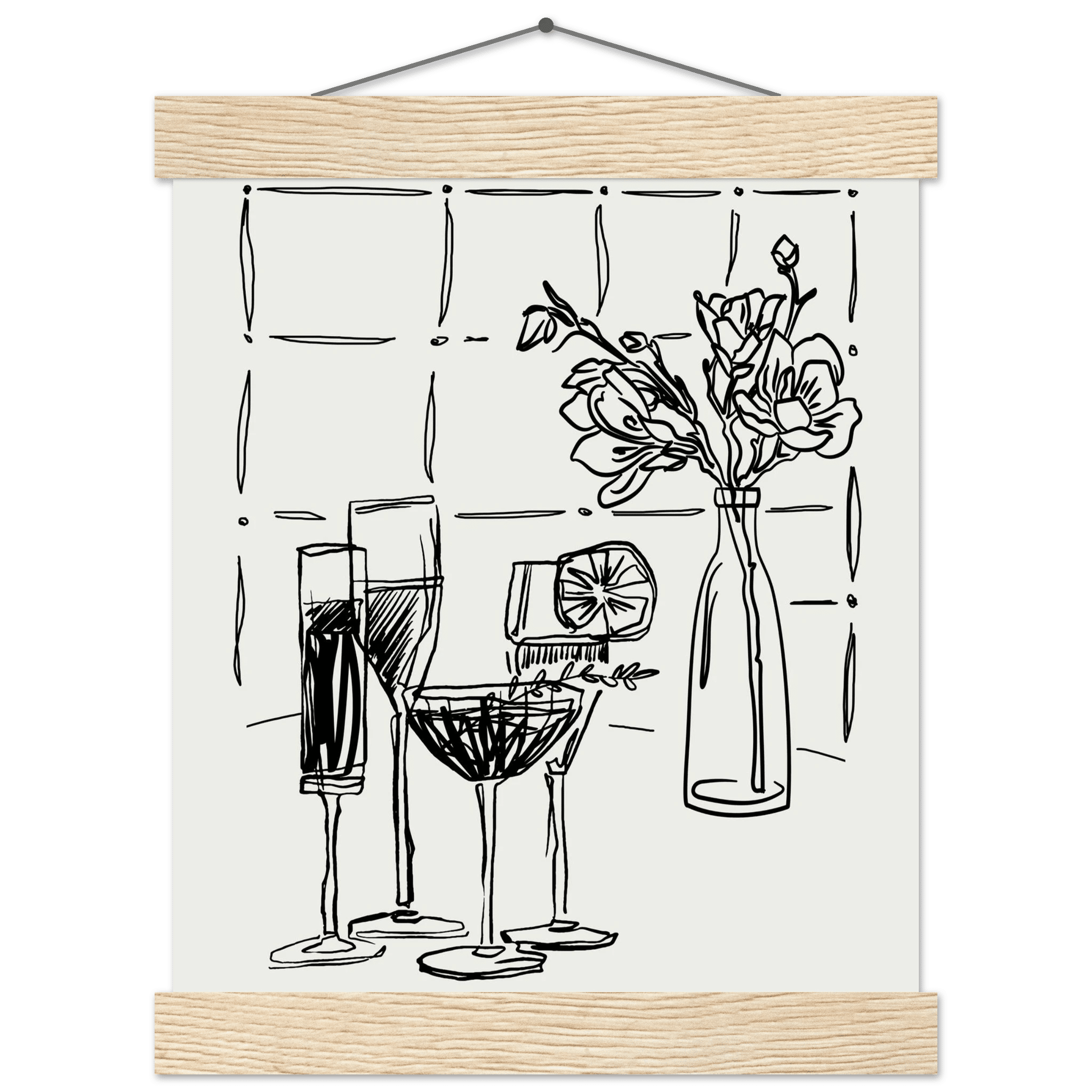 Cocktails & Flowers Print | Black Line Art Drinks Wall Art | Kitchen Bar Poster - Evergreen Posters