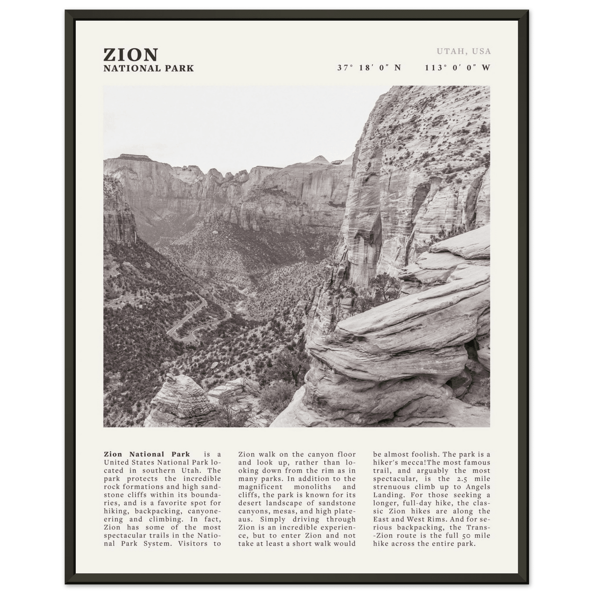 Zion National Park Poster | Black & White Utah Canyon Wall Art | USA Travel Print - Evergreen Posters