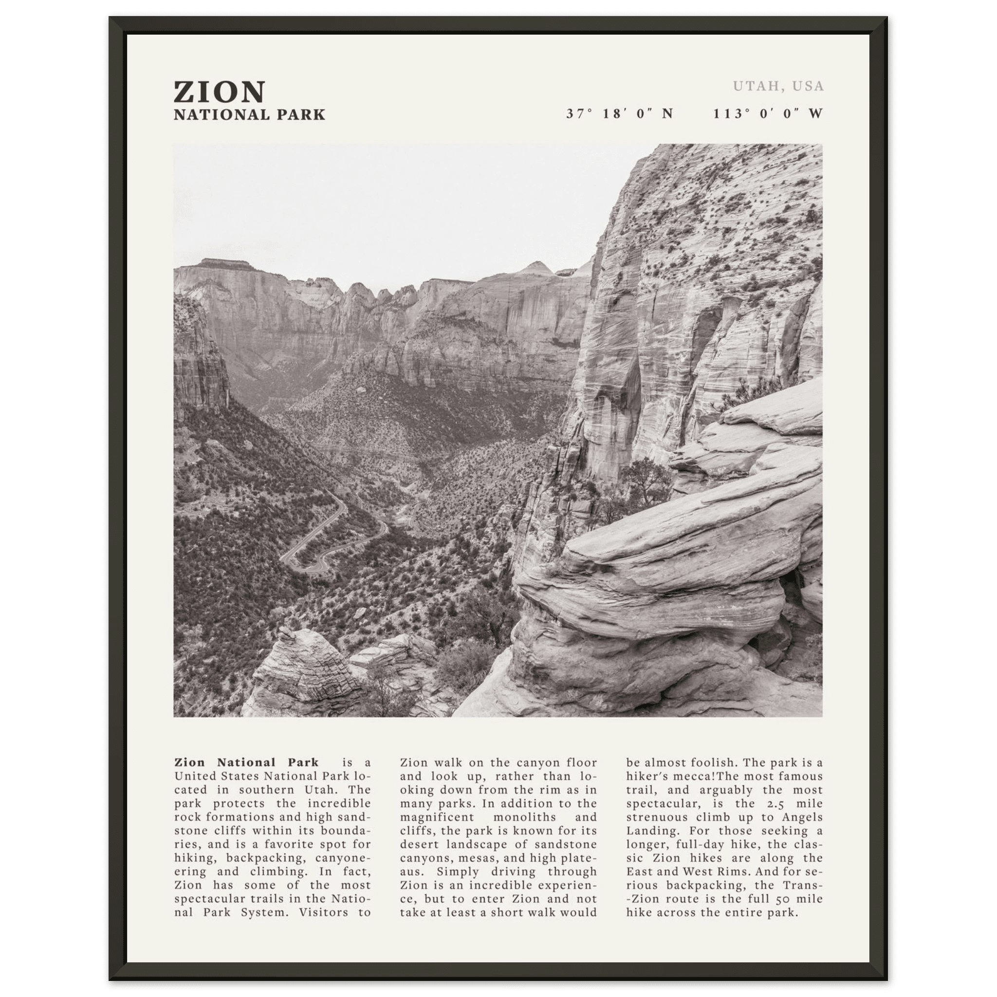 Zion National Park Poster | Black & White Utah Canyon Wall Art | USA Travel Print - Evergreen Posters