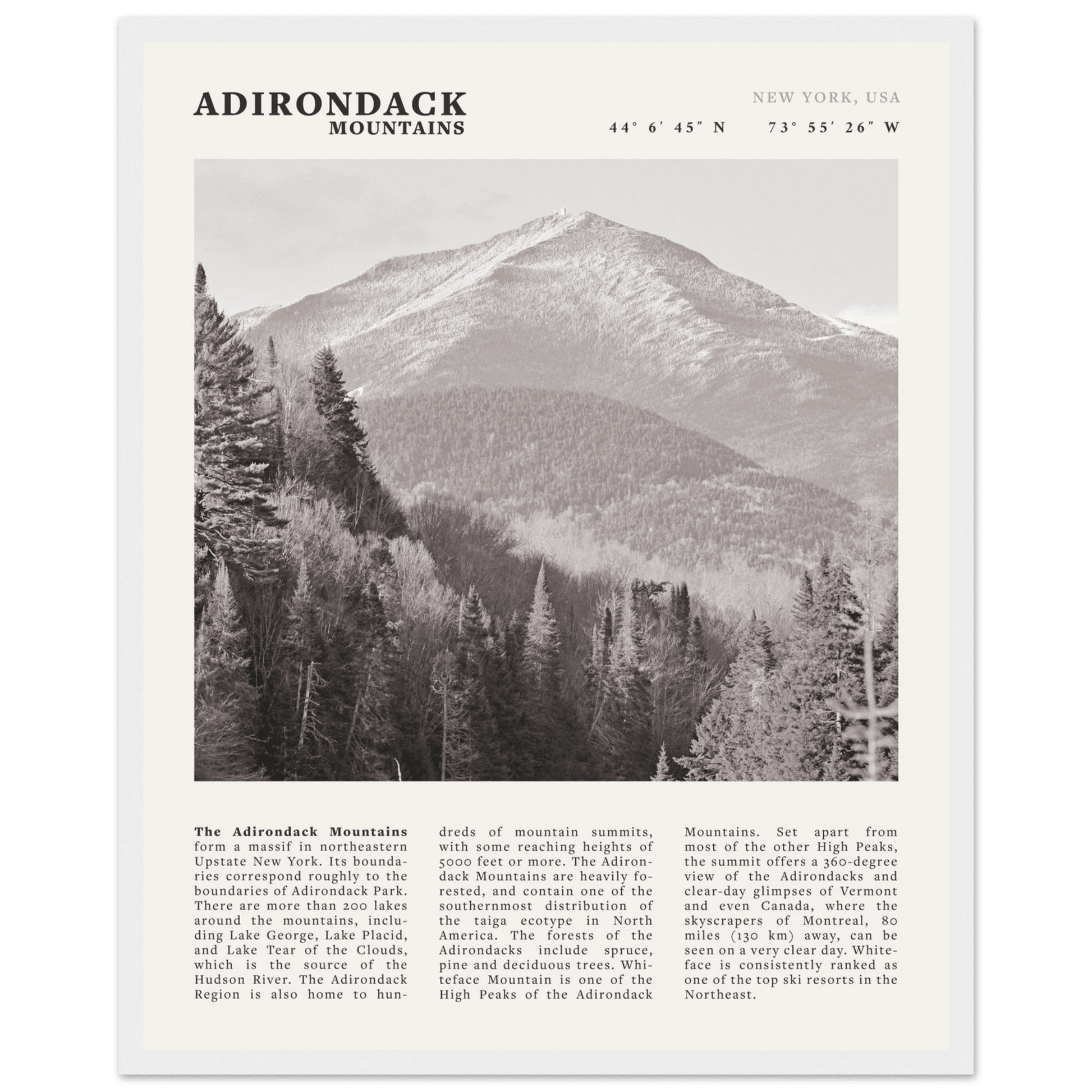 Adirondack Mountains Poster | Black & White New York Nature Wall Art | Hiking Print - Evergreen Posters