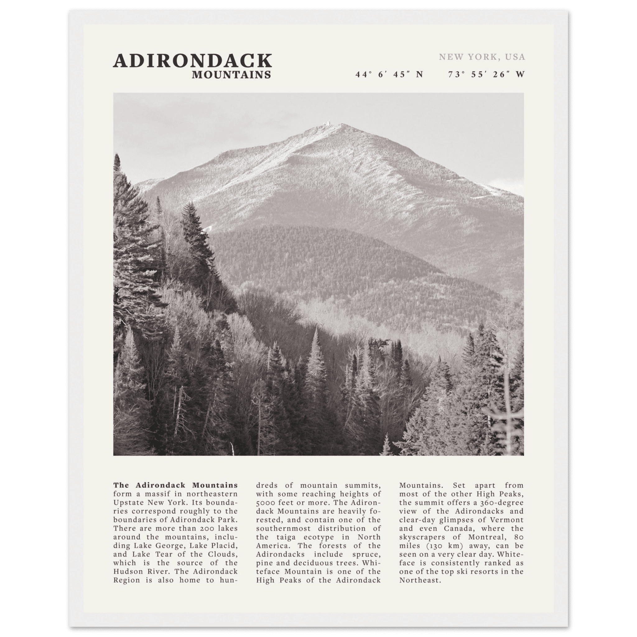 Adirondack Mountains Poster | Black & White New York Nature Wall Art | Hiking Print - Evergreen Posters