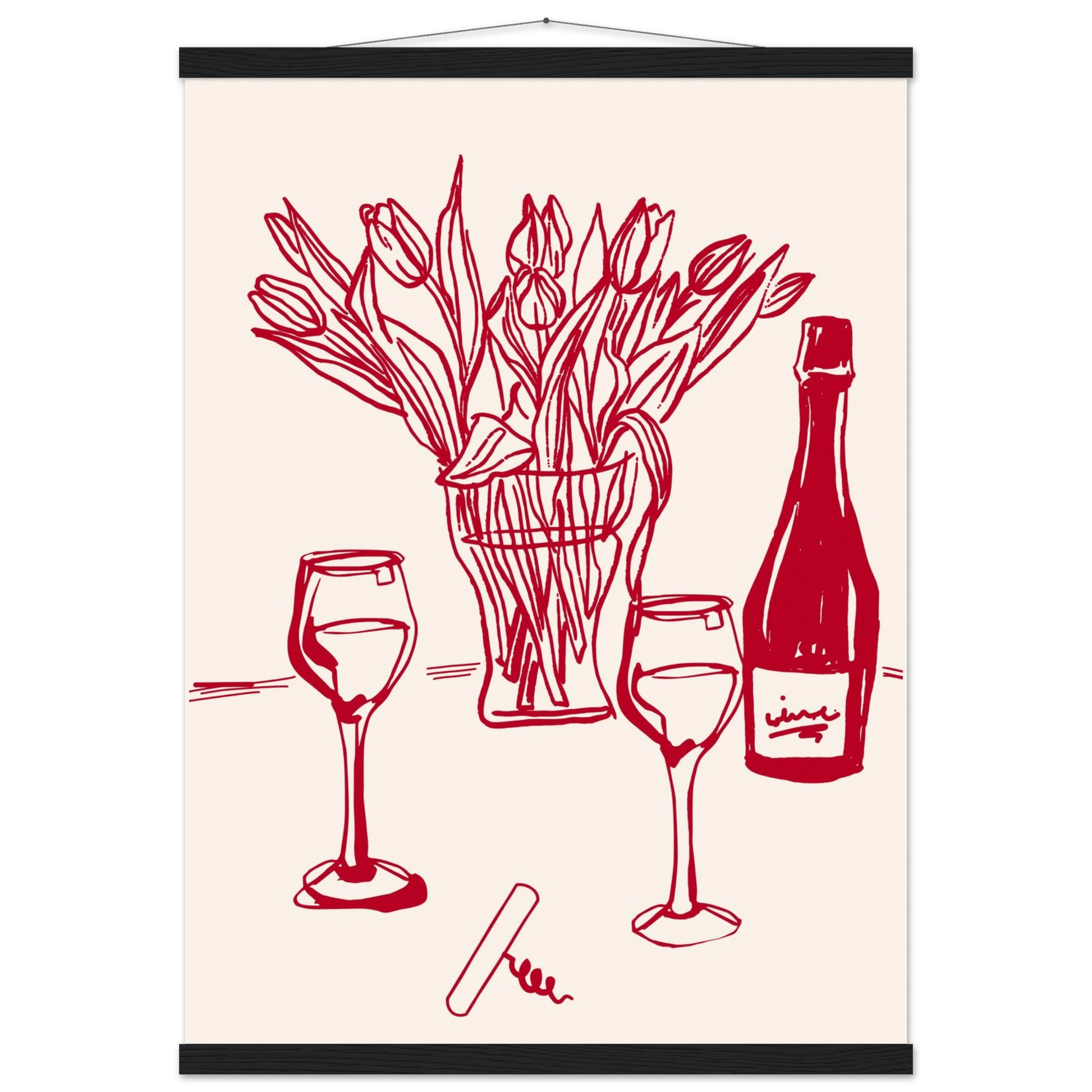 Red Wine & Tulips Print | Line Art Wine Bottle Wall Art | Kitchen Poster - Evergreen Posters