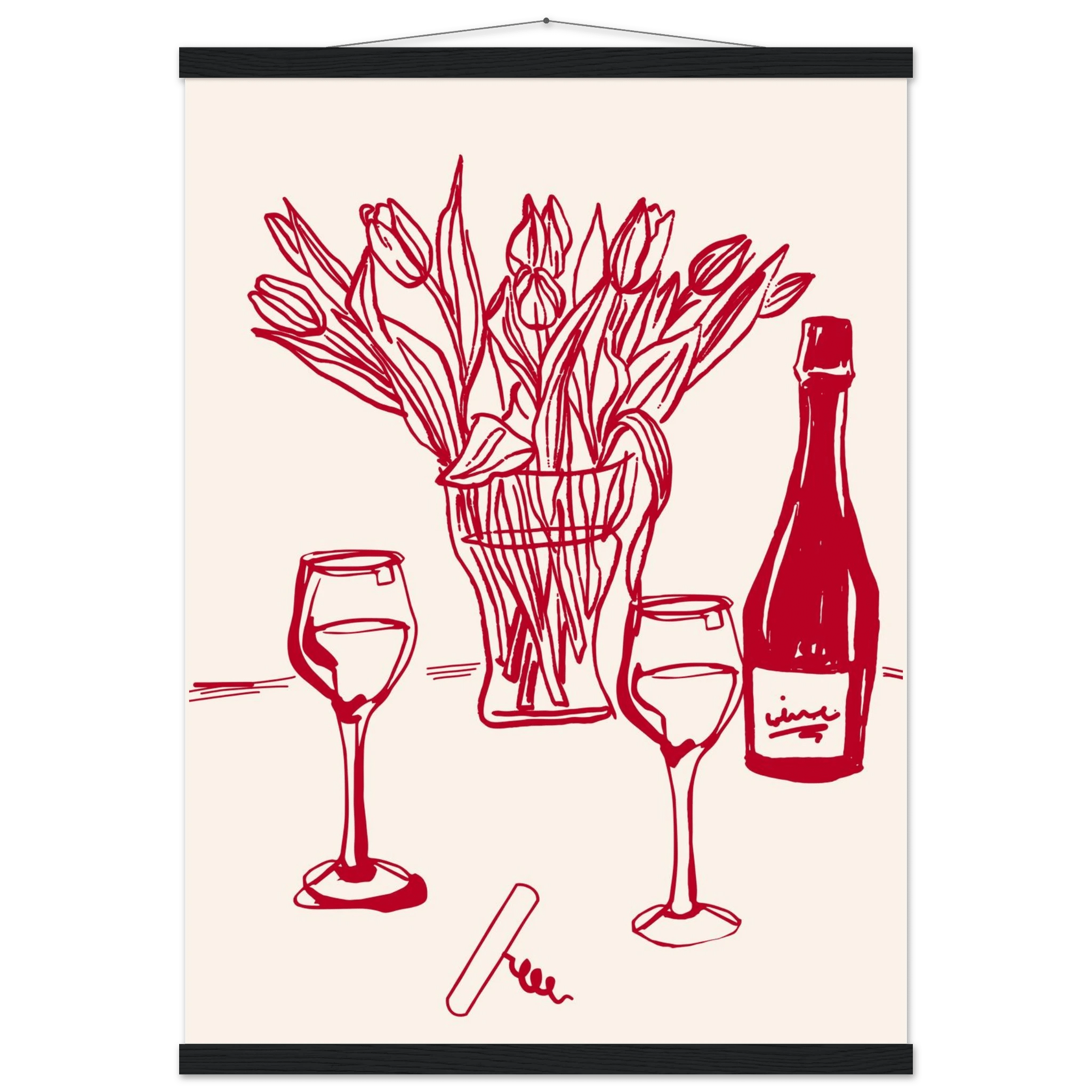 Red Wine & Tulips Print | Line Art Wine Bottle Wall Art | Kitchen Poster - Evergreen Posters