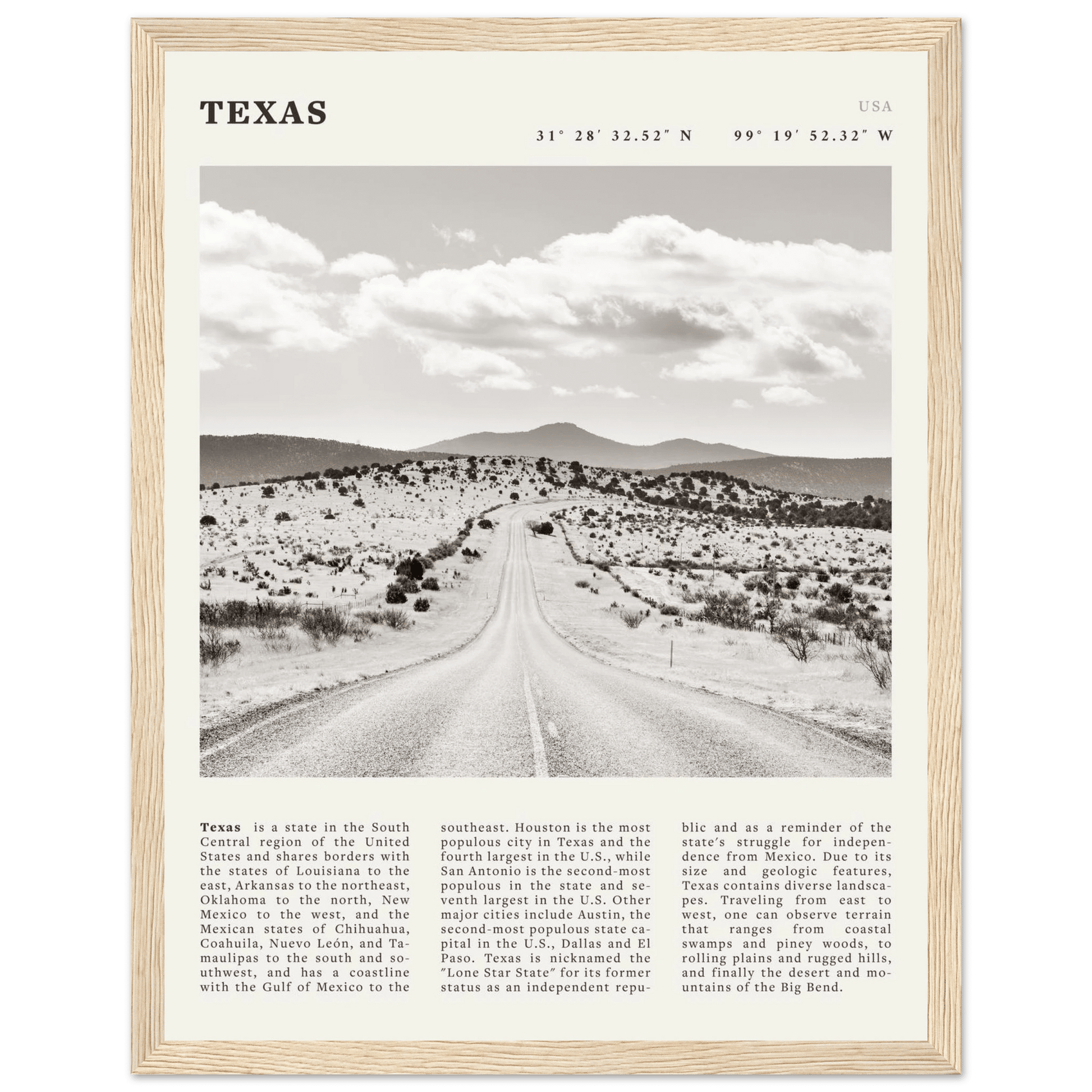 Texas Poster | Black & White Lone Star Road Wall Art | USA Travel Print Decor - Evergreen Posters
