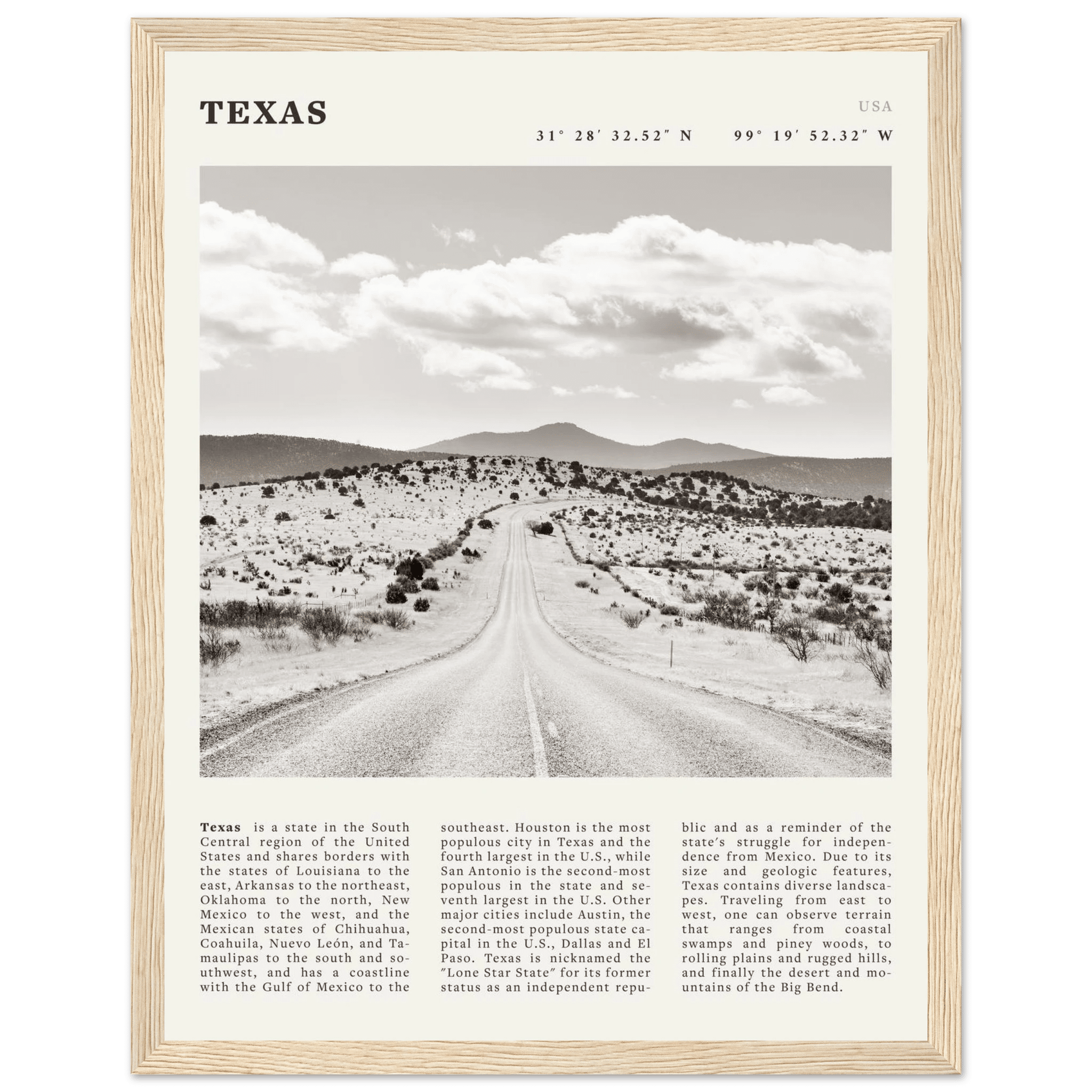 Texas Poster | Black & White Lone Star Road Wall Art | USA Travel Print Decor - Evergreen Posters