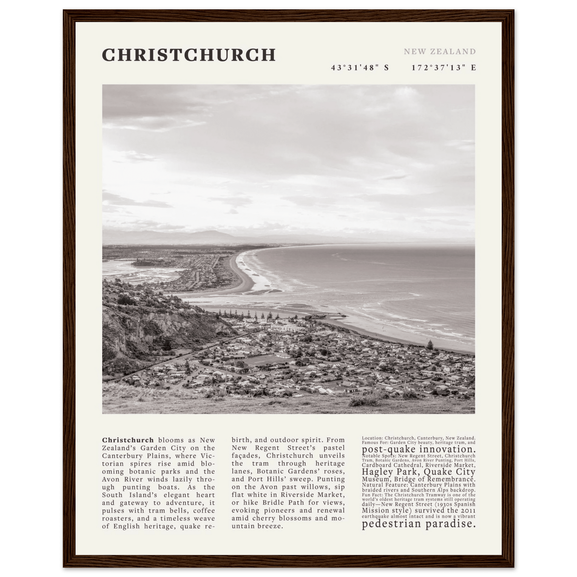 Christchurch New Zealand Poster Black and White – Vintage Garden City Panorama Print - Evergreen Posters