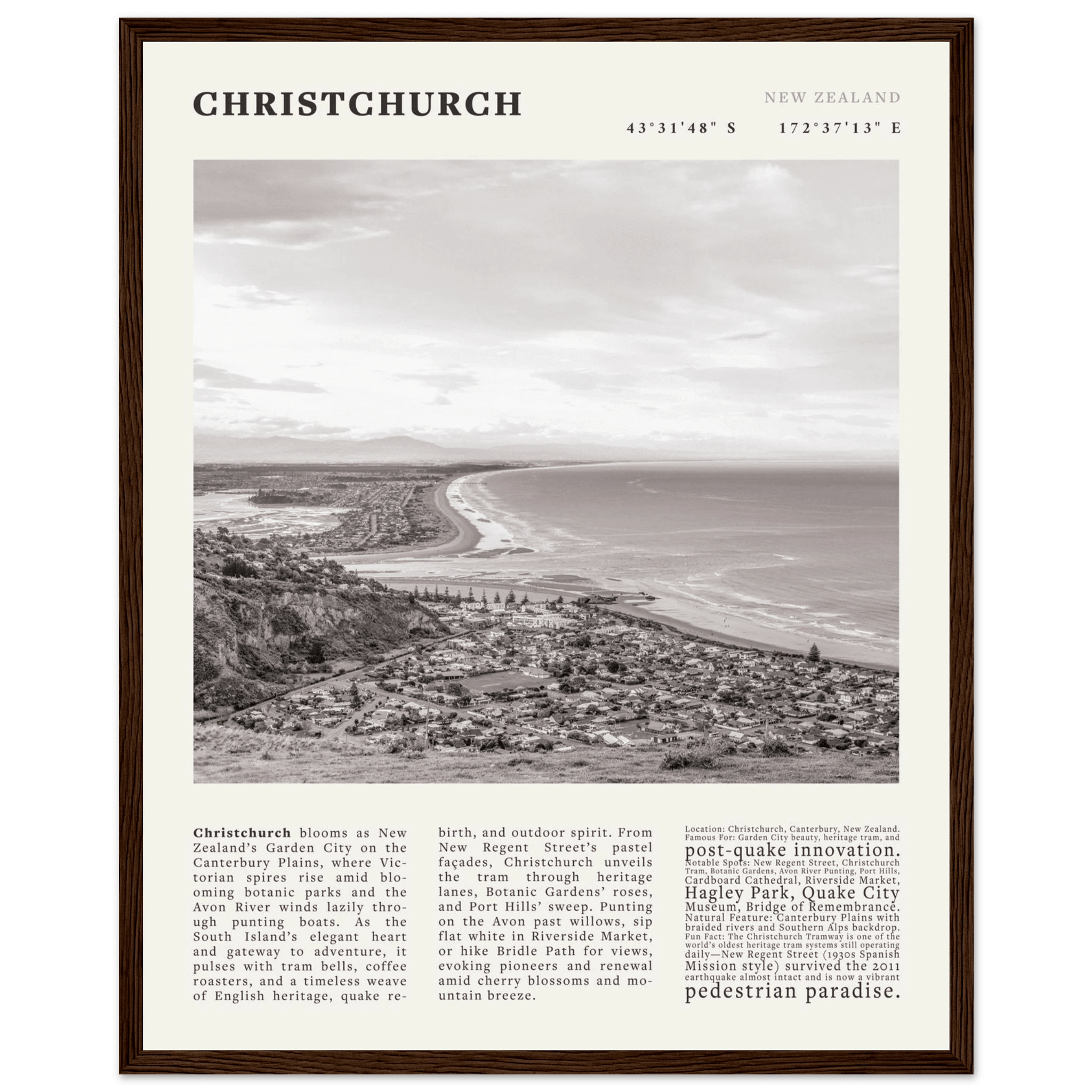Christchurch New Zealand Poster Black and White – Vintage Garden City Panorama Print - Evergreen Posters