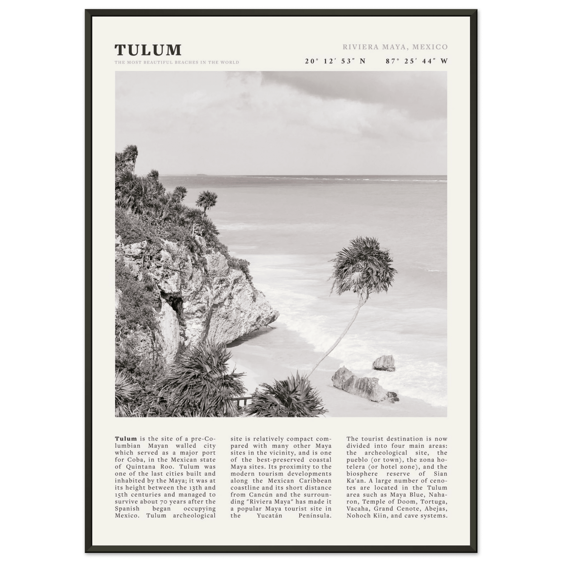 Tulum Poster | Black & White Riviera Maya Mexico Wall Art | Beach Travel Print - Evergreen Posters