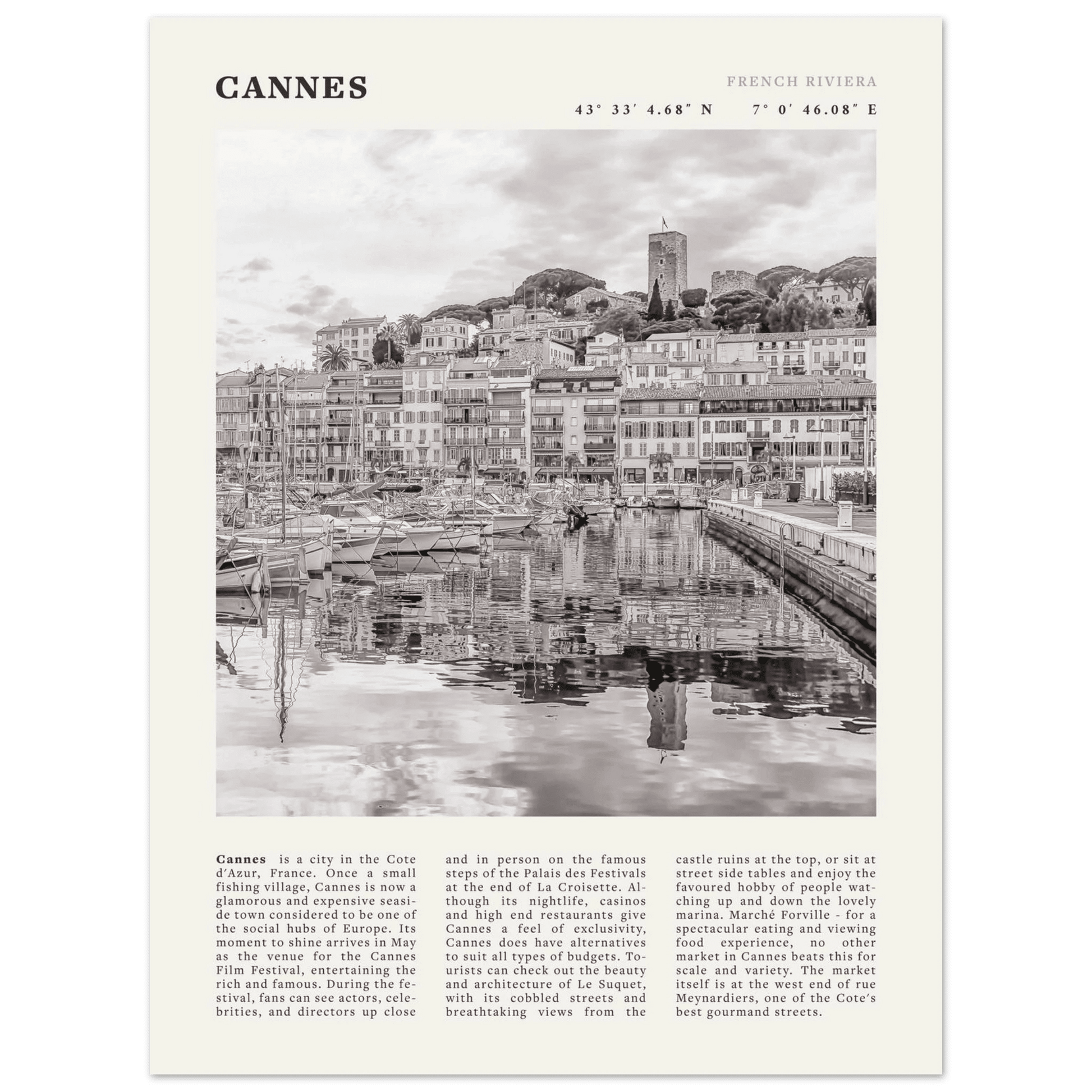 Cannes Poster | Black & White French Riviera Wall Art | France Travel Print - Evergreen Posters