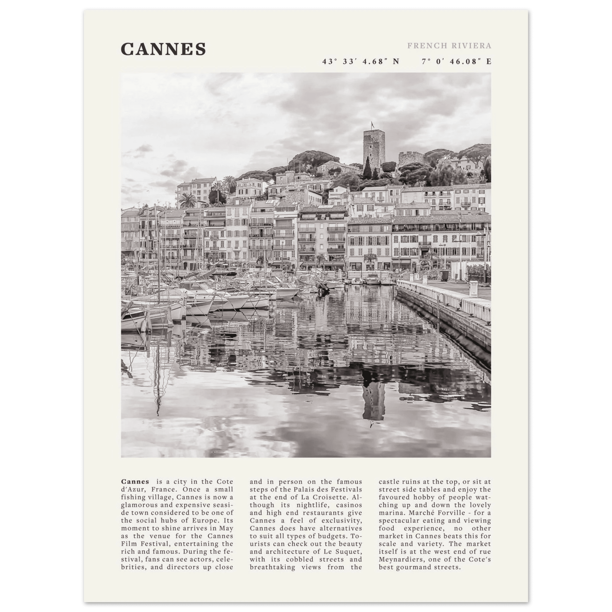 Cannes Poster | Black & White French Riviera Wall Art | France Travel Print - Evergreen Posters