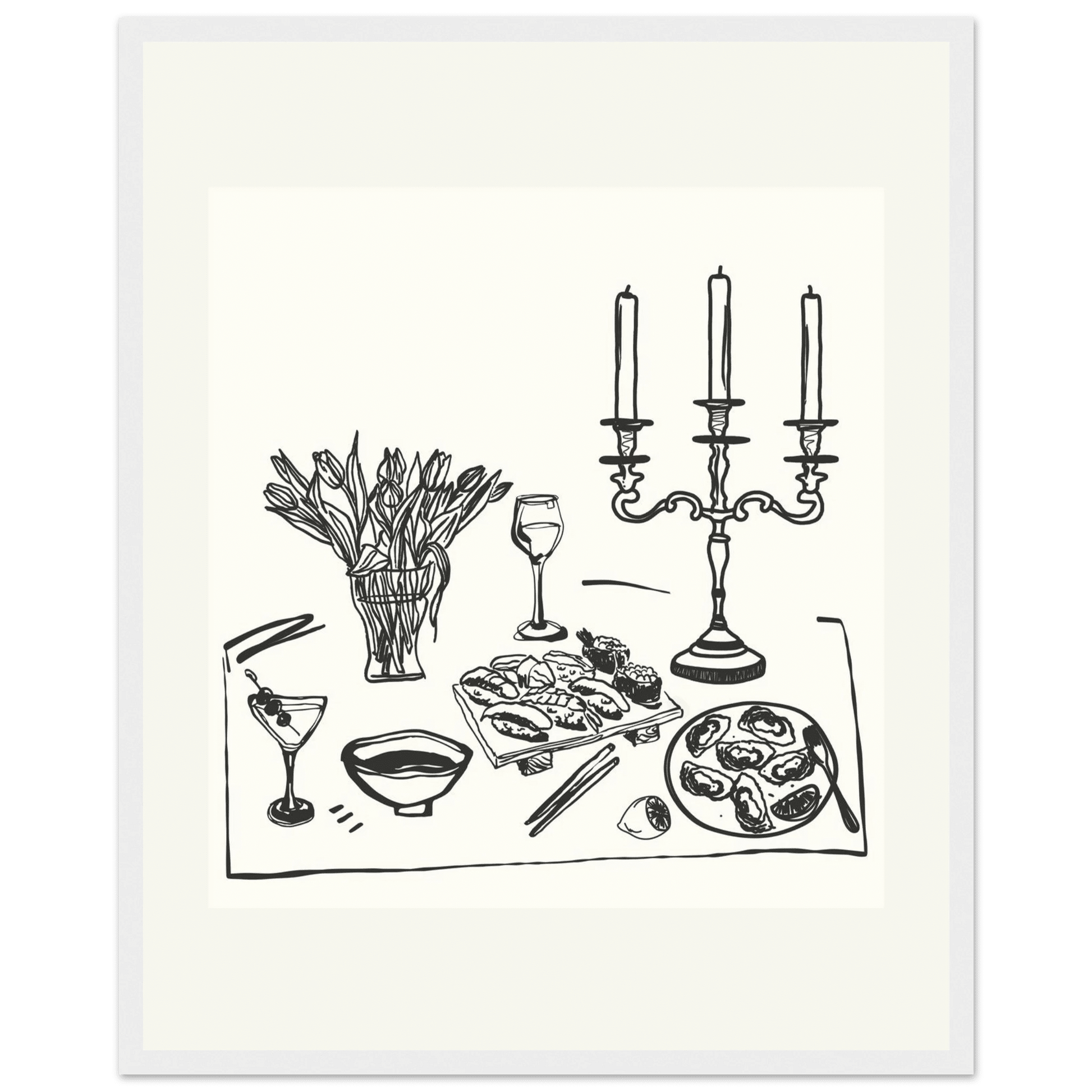Fine Dining Table Print | Black Line Art Kitchen Wall Art | Elegant Dining Room Poster - Evergreen Posters