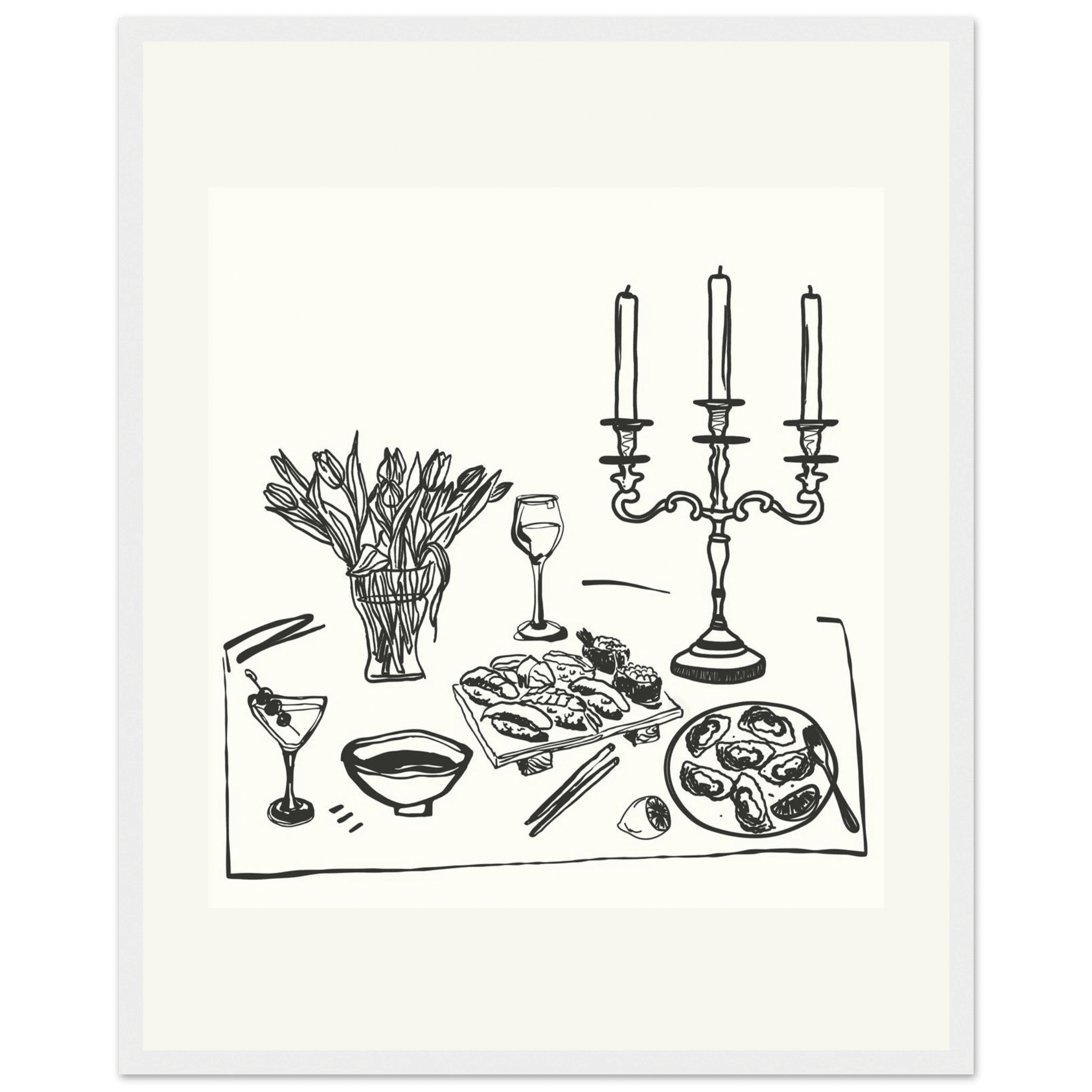 Fine Dining Table Print | Black Line Art Kitchen Wall Art | Elegant Dining Room Poster - Evergreen Posters