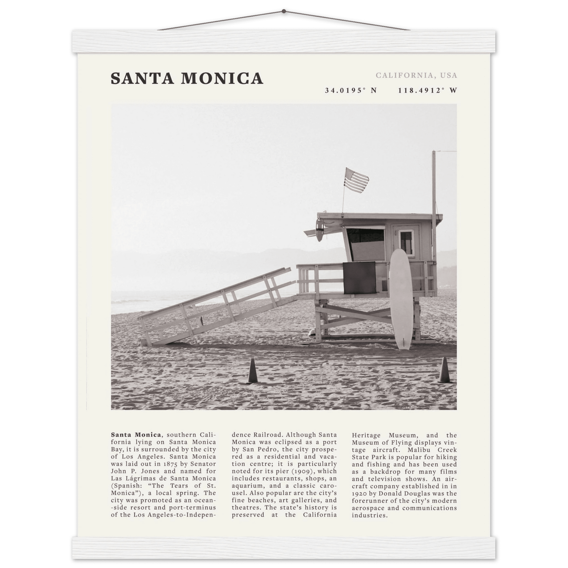 Santa Monica Poster | Black & White California Wall Art | Beach Travel Print | Coastal Decor - Evergreen Posters